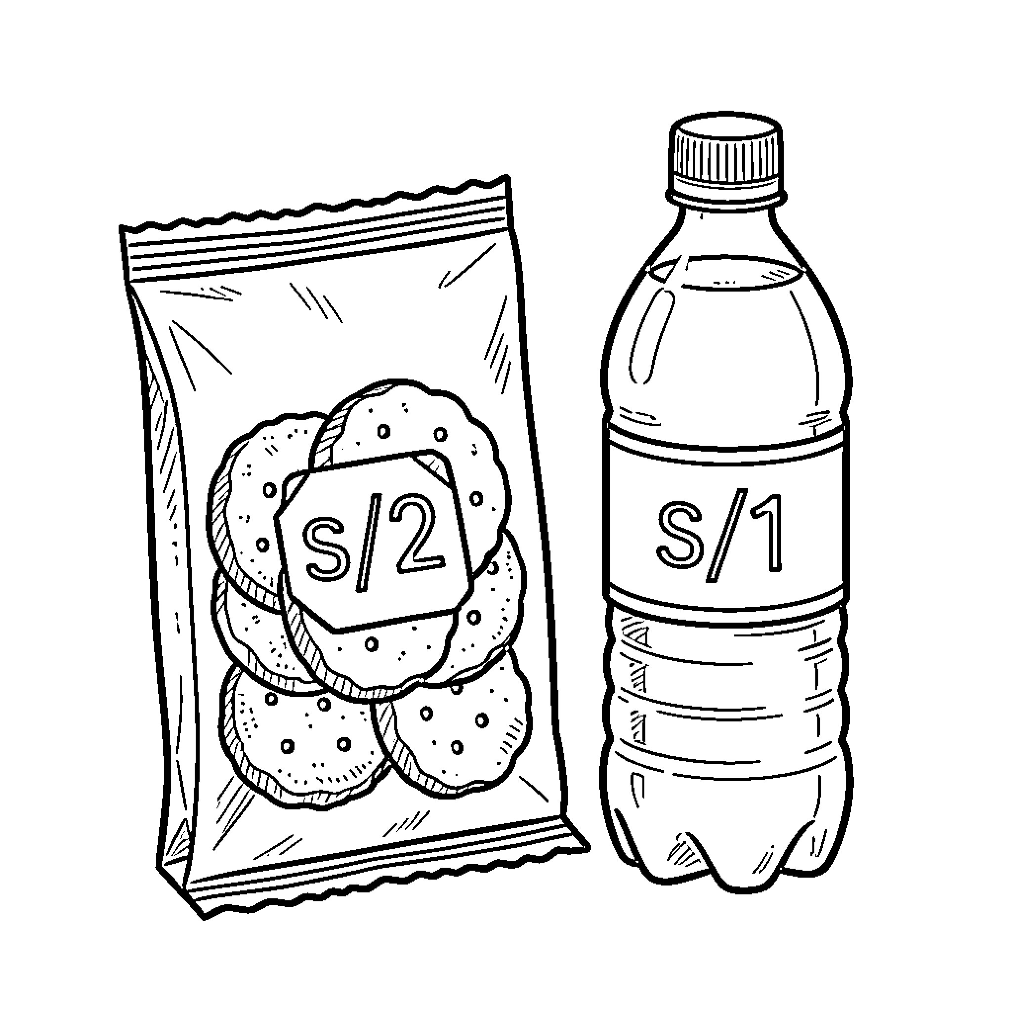 Paquete de galletas y una botella de bebida Coloring Page (free black-and-white line drawing printable PDF for all, from beginners to advanced learners, including children, teens, adults, and seniors)