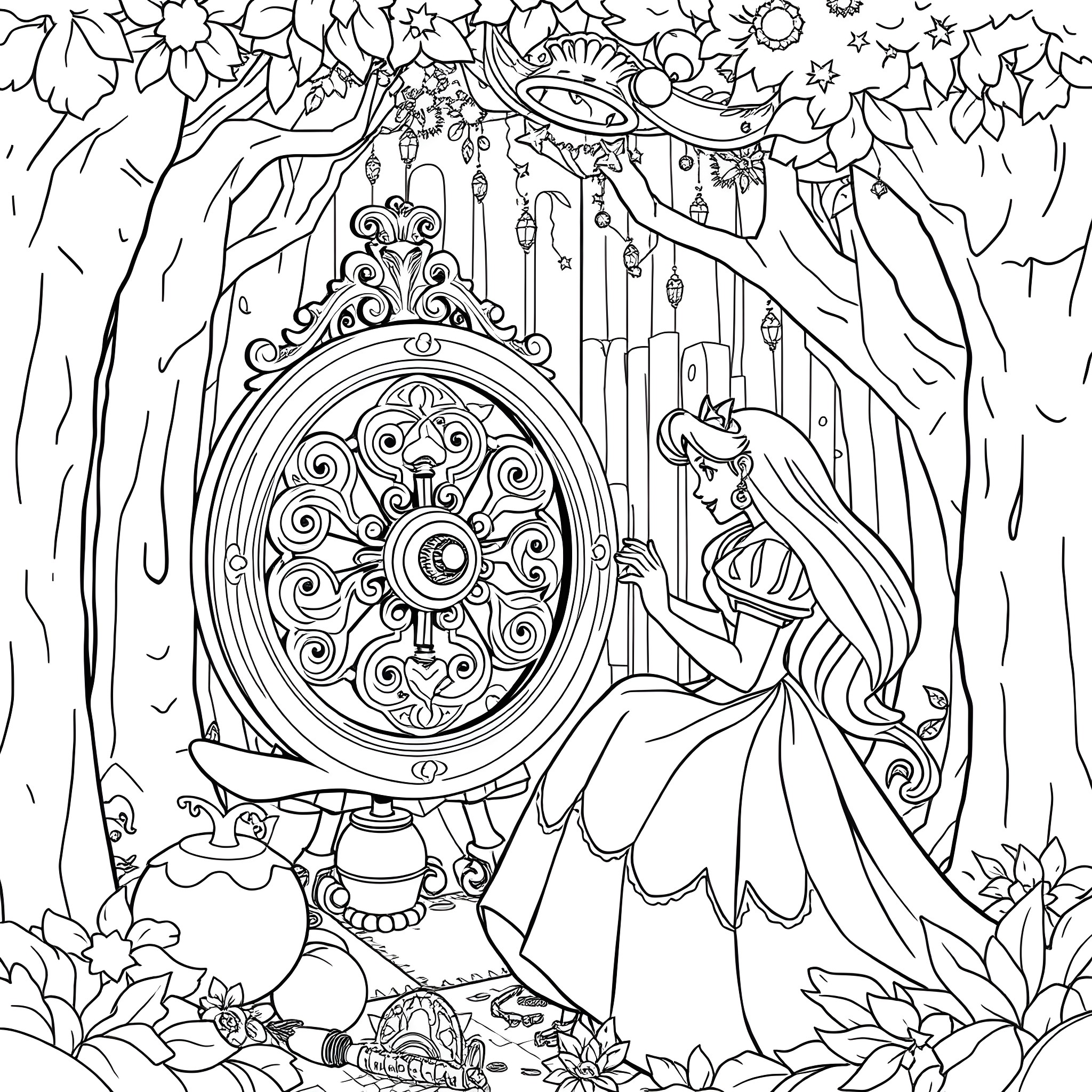 Sleeping Beauty admiring the enchanted mirror in the forest Coloring Page (free black-and-white line drawing printable PDF for all, from beginners to advanced learners, including children, teens, adults, and seniors)