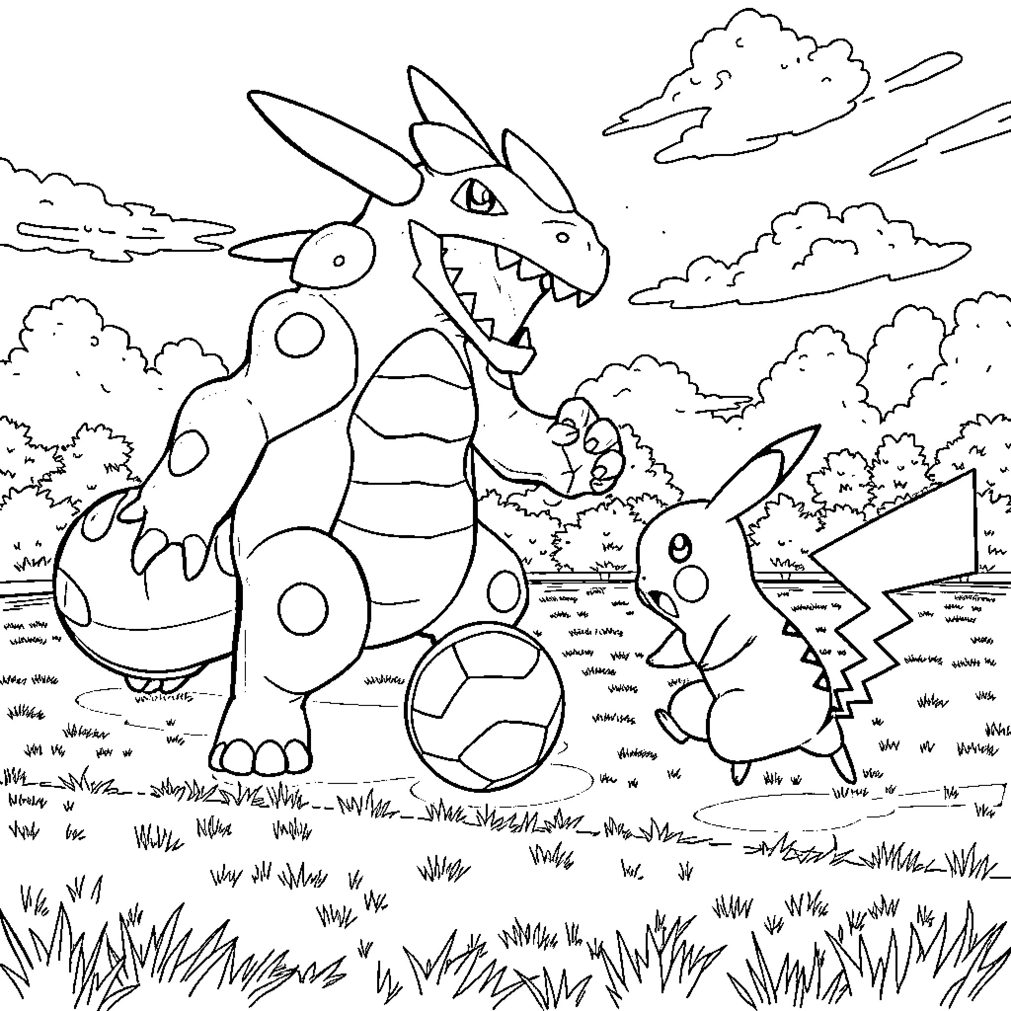 Pokémon characters playing in a grassy field Coloring Page (free black-and-white line drawing printable PDF for all, from beginners to advanced learners, including children, teens, adults, and seniors)