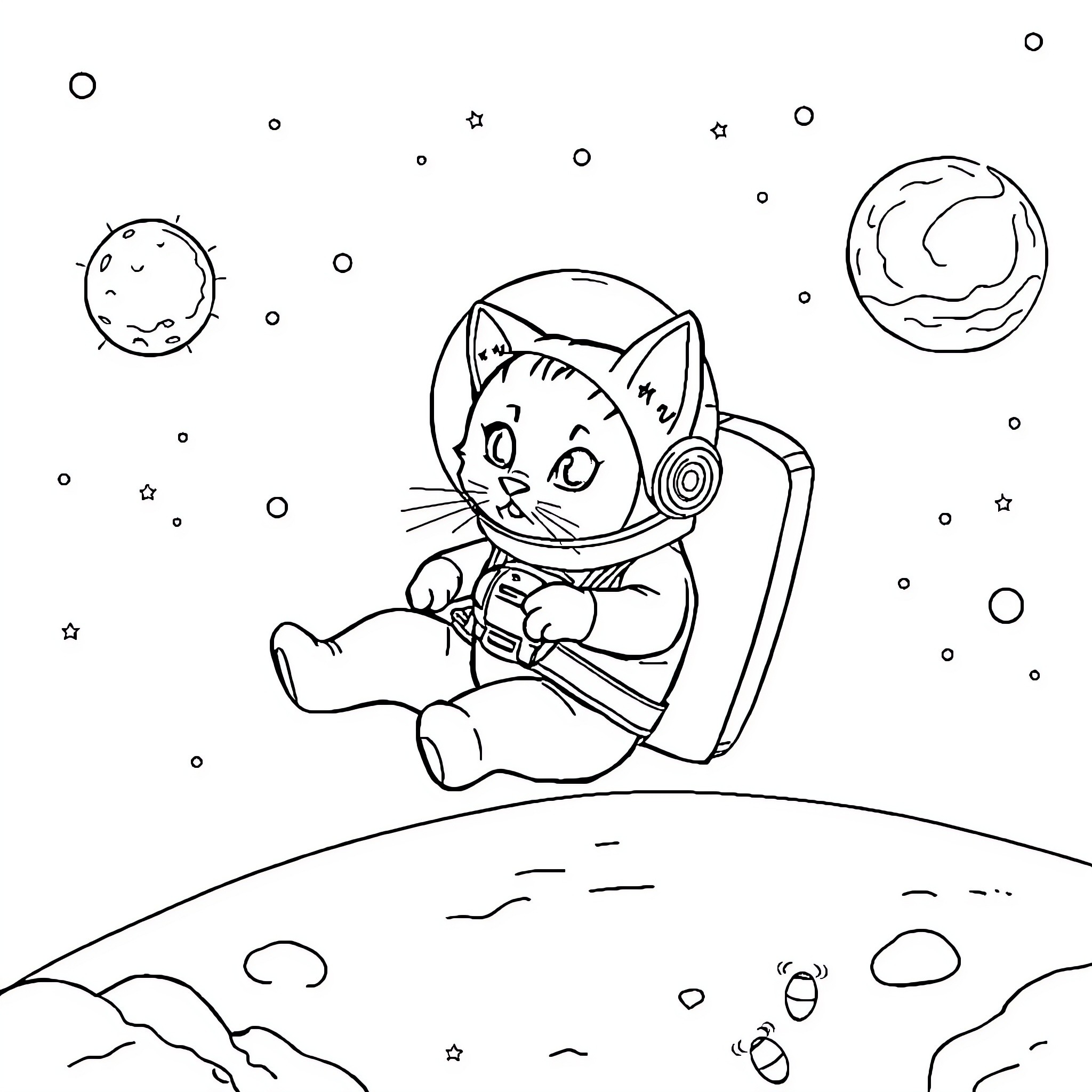 Astronaut Cat exploring the galaxy Coloring Page (free black-and-white line drawing printable PDF for all, from beginners to advanced learners, including children, teens, adults, and seniors)