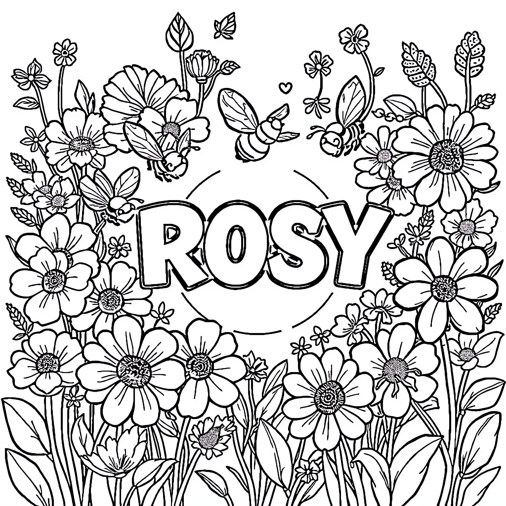Logo of flowers and text 'ROSY' Coloring Page (free black-and-white line drawing printable PDF for all, from beginners to advanced learners, including children, teens, adults, and seniors)