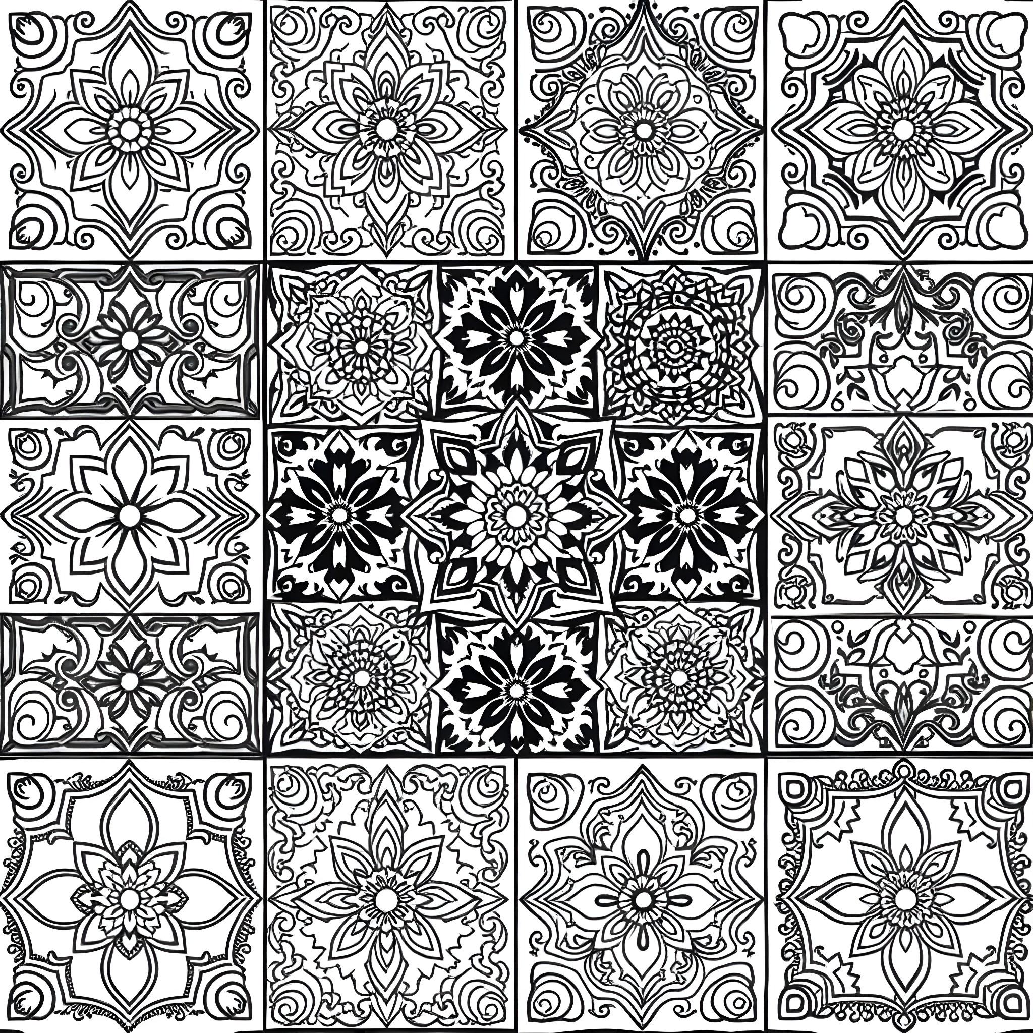 Patchwork Floral Designs Coloring Page (free black-and-white line drawing printable PDF for all, from beginners to advanced learners, including children, teens, adults, and seniors)