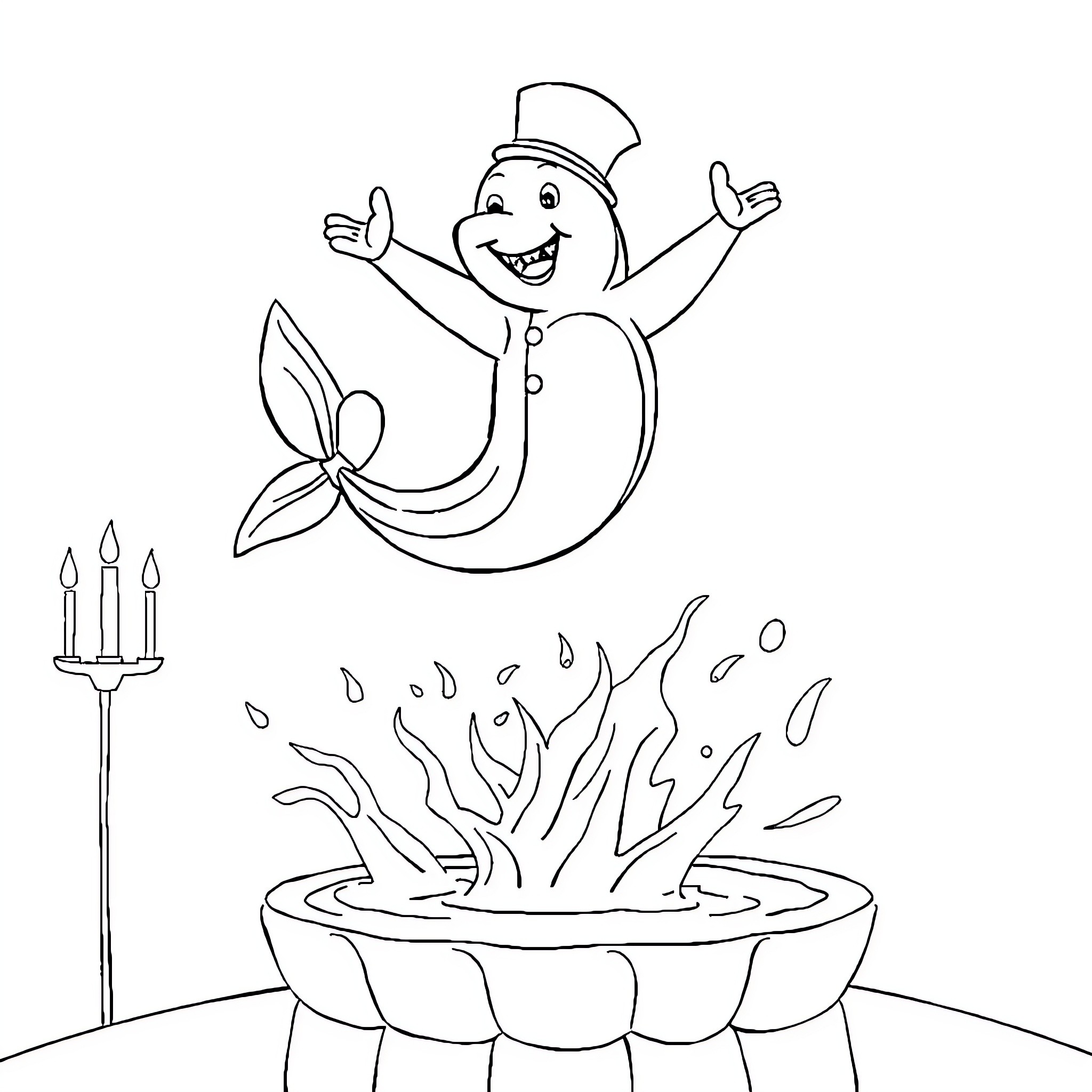 Dolphin enjoying a bubbling hot tub with candle lighting Coloring Page (free black-and-white line drawing printable PDF for all, from beginners to advanced learners, including children, teens, adults, and seniors)
