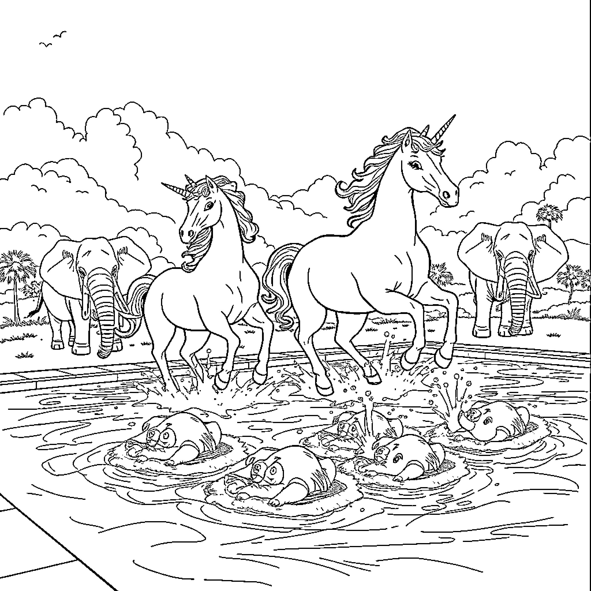 Unicorns and Friends Frolicking in the Enchanted Forest Coloring Page (free black-and-white line drawing printable PDF for all, from beginners to advanced learners, including children, teens, adults, and seniors)