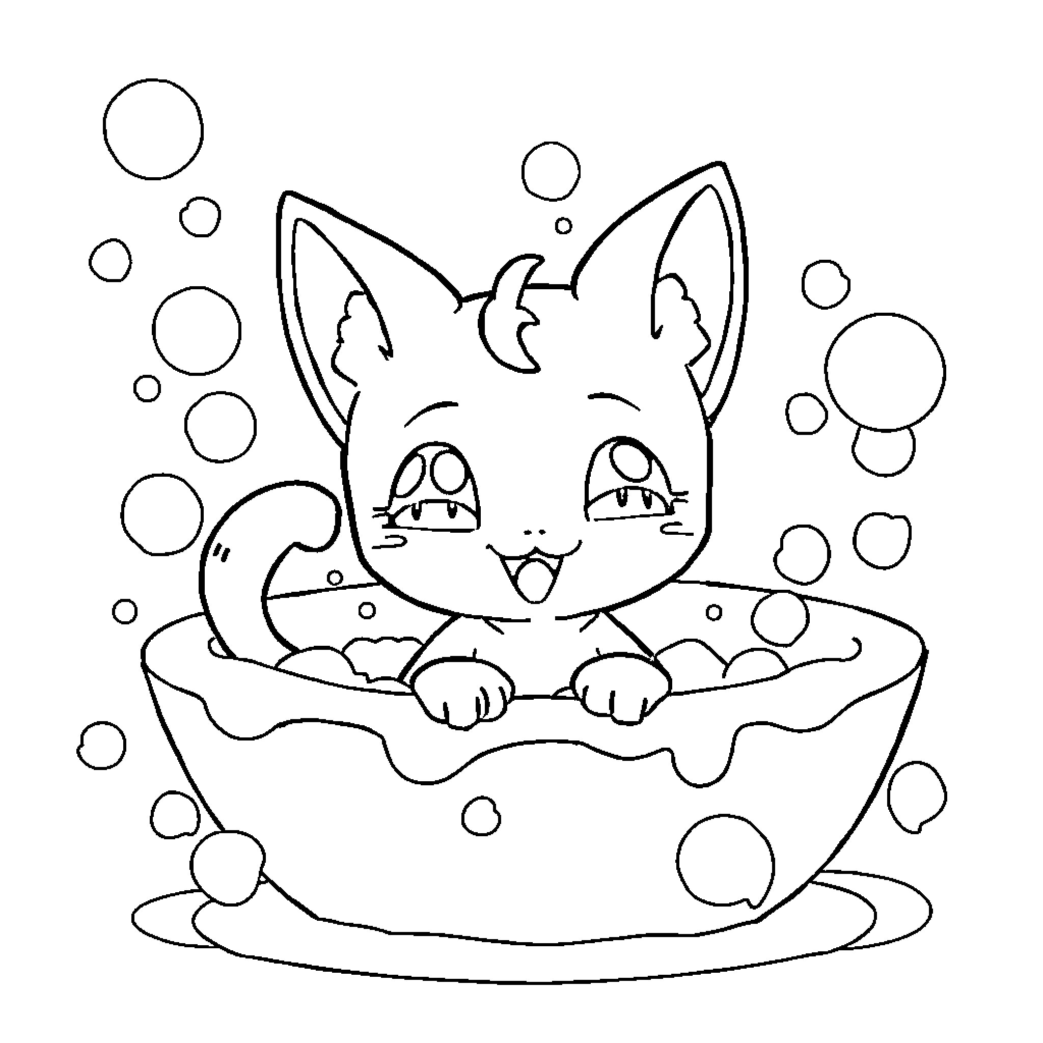 Mew Cat Relaxing in Bubble Bath Coloring Page (free black-and-white line drawing printable PDF for all, from beginners to advanced learners, including children, teens, adults, and seniors)