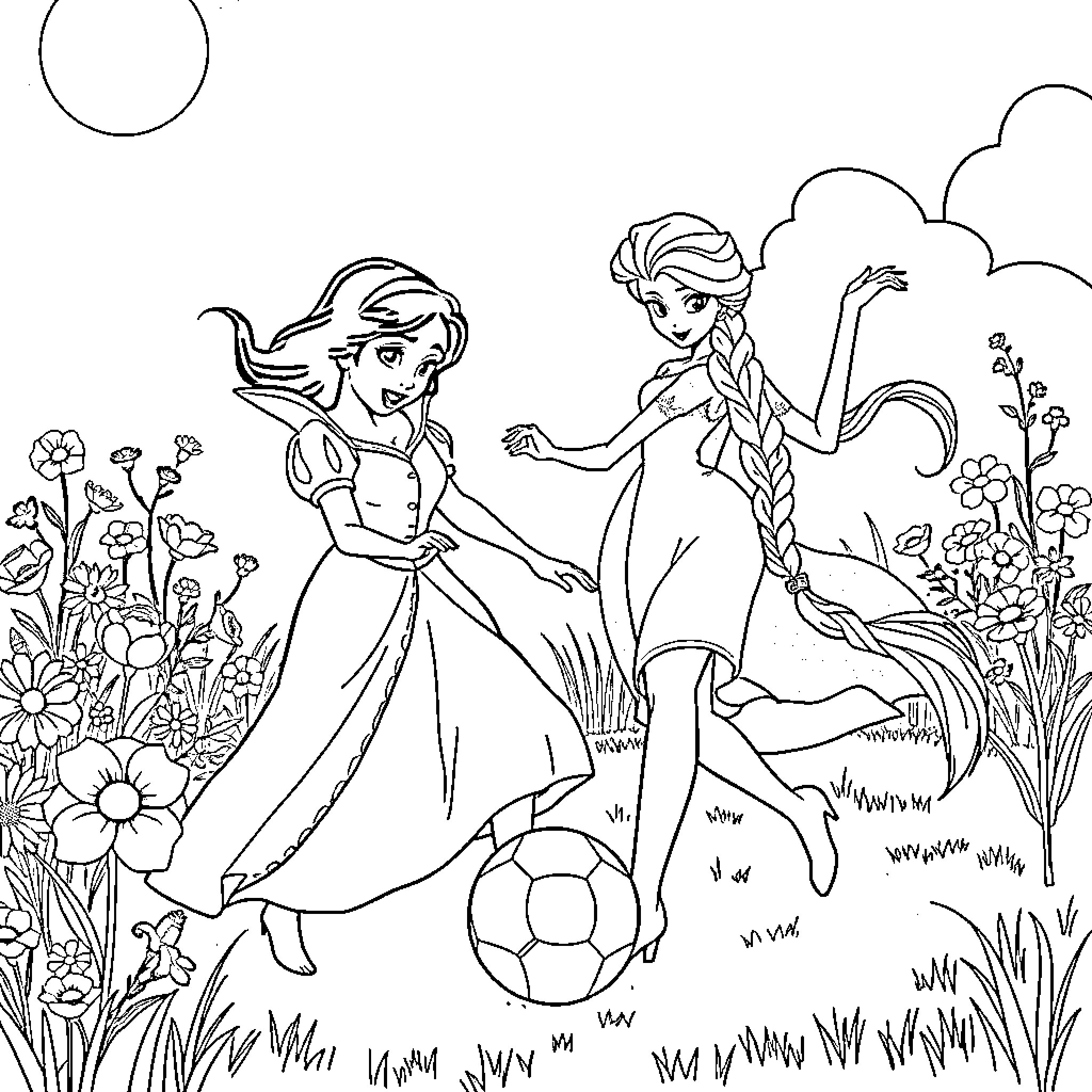 Snow White and Elsa playing in a floral meadow Coloring Page (free black-and-white line drawing printable PDF for all, from beginners to advanced learners, including children, teens, adults, and seniors)