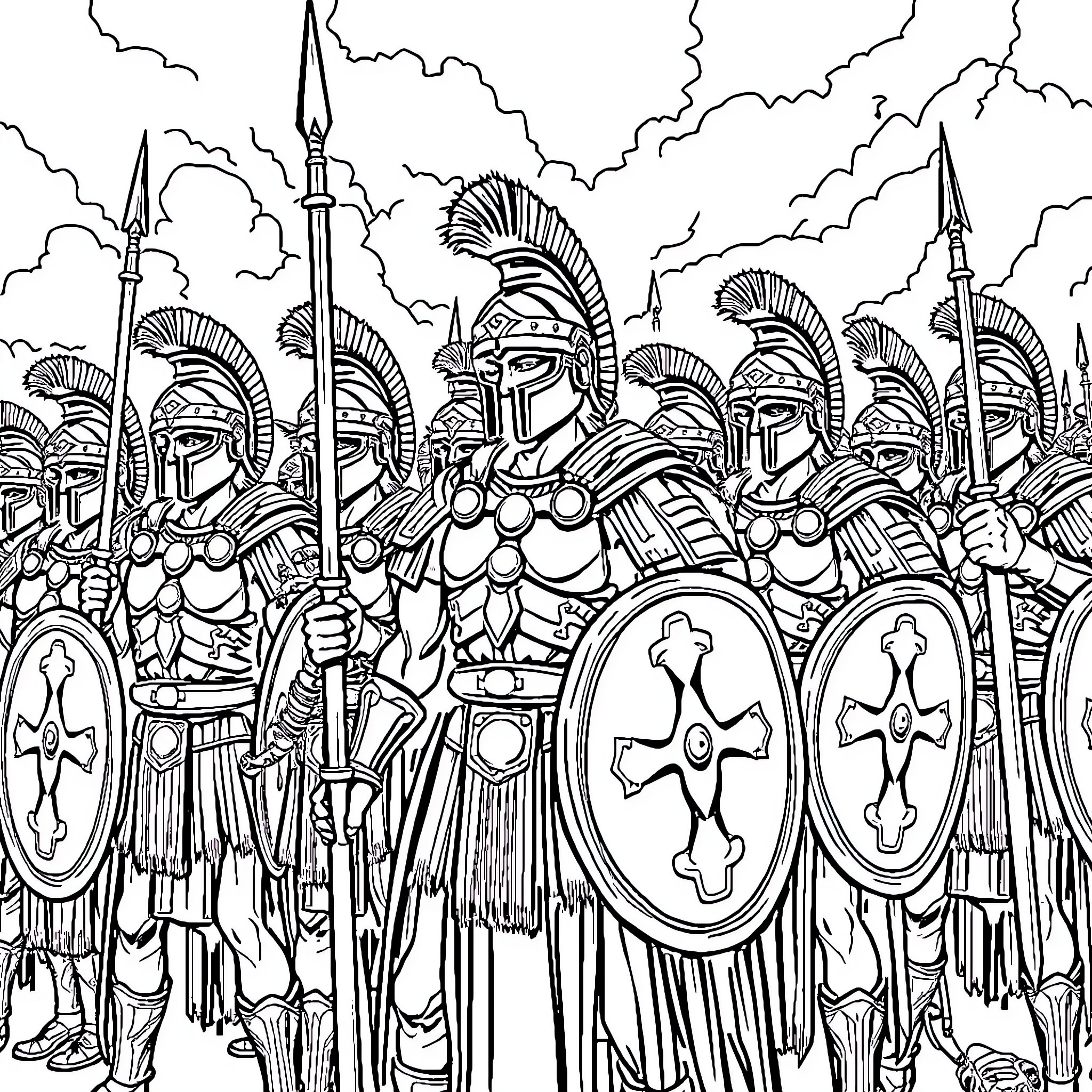 Roman Legion: Disciplined Warriors in Armored Formation Coloring Page (free black-and-white line drawing printable PDF for all, from beginners to advanced learners, including children, teens, adults, and seniors)