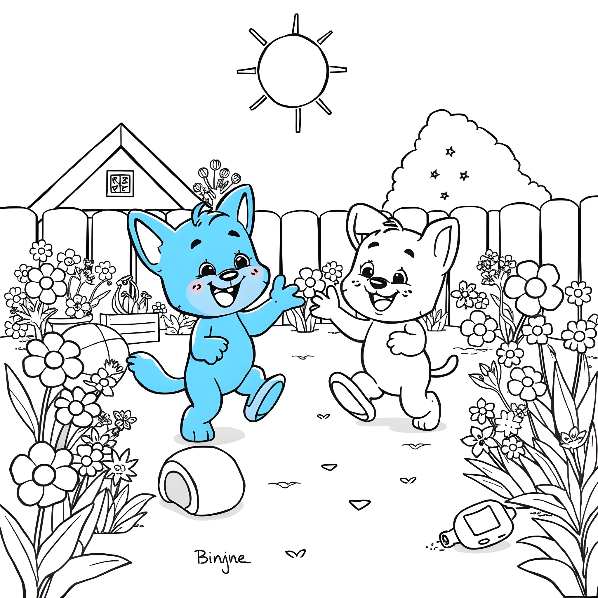 Bluey and friends playing happily in the garden Coloring Page (free black-and-white line drawing printable PDF for all, from beginners to advanced learners, including children, teens, adults, and seniors)