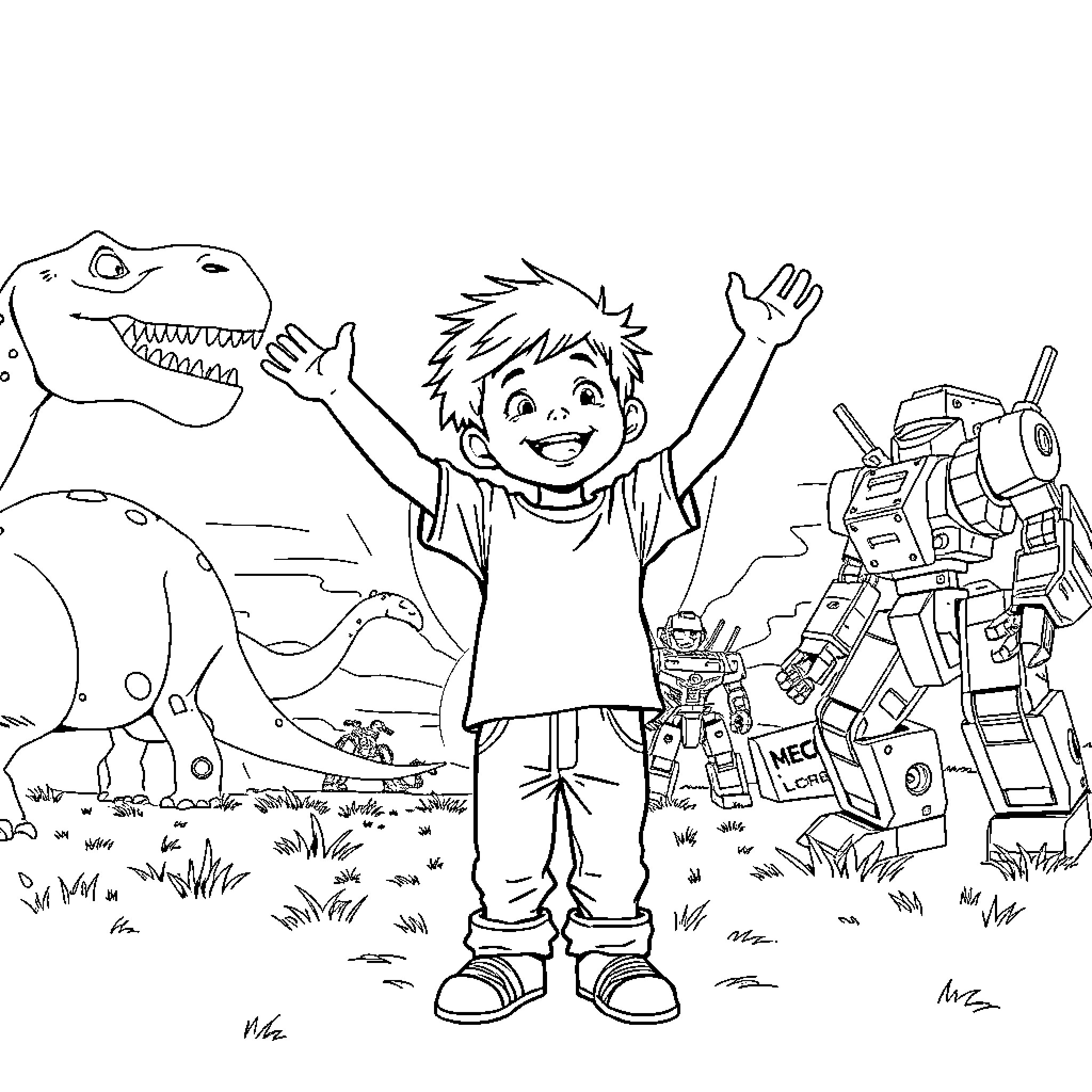 Boy celebrates with dinosaur and robot in the wild Coloring Page (free black-and-white line drawing printable PDF for all, from beginners to advanced learners, including children, teens, adults, and seniors)
