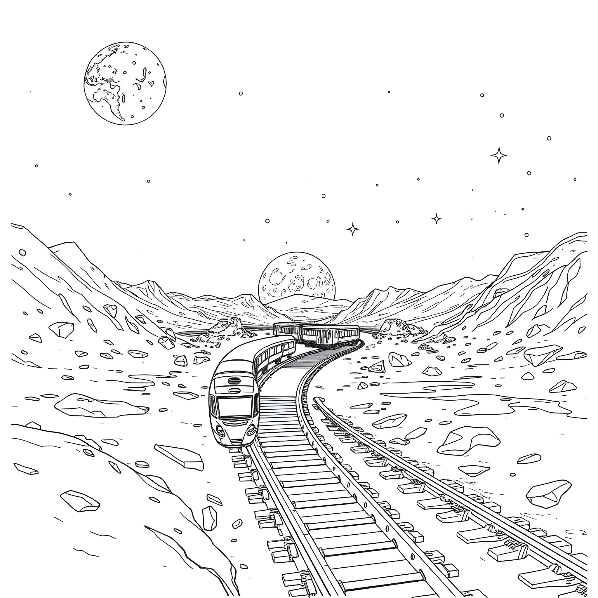 Train traversing through the alien landscape Coloring Page (free black-and-white line drawing printable PDF for all, from beginners to advanced learners, including children, teens, adults, and seniors)