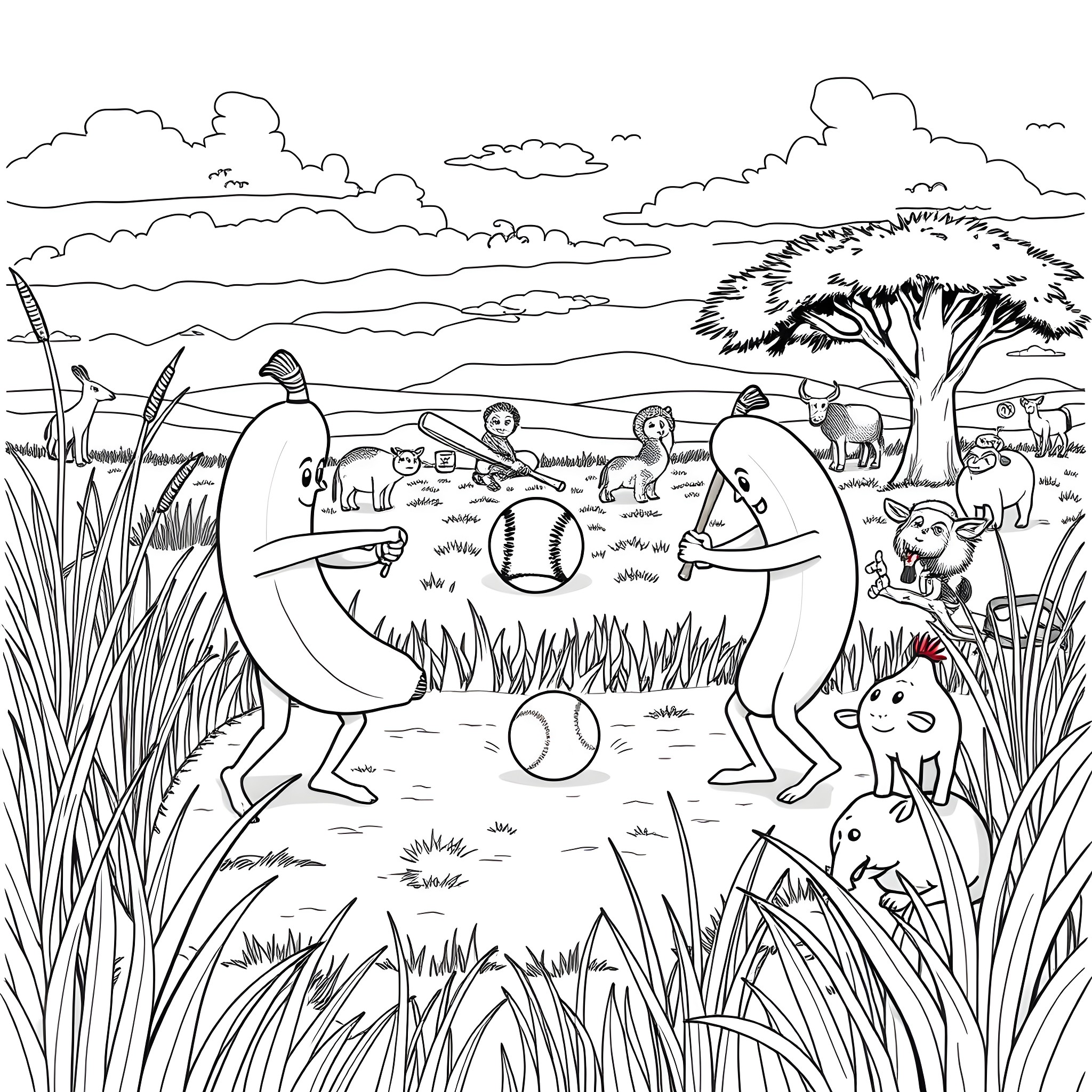 Banana characters playing outdoor sports in natural setting Coloring Page (free black-and-white line drawing printable PDF for all, from beginners to advanced learners, including children, teens, adults, and seniors)