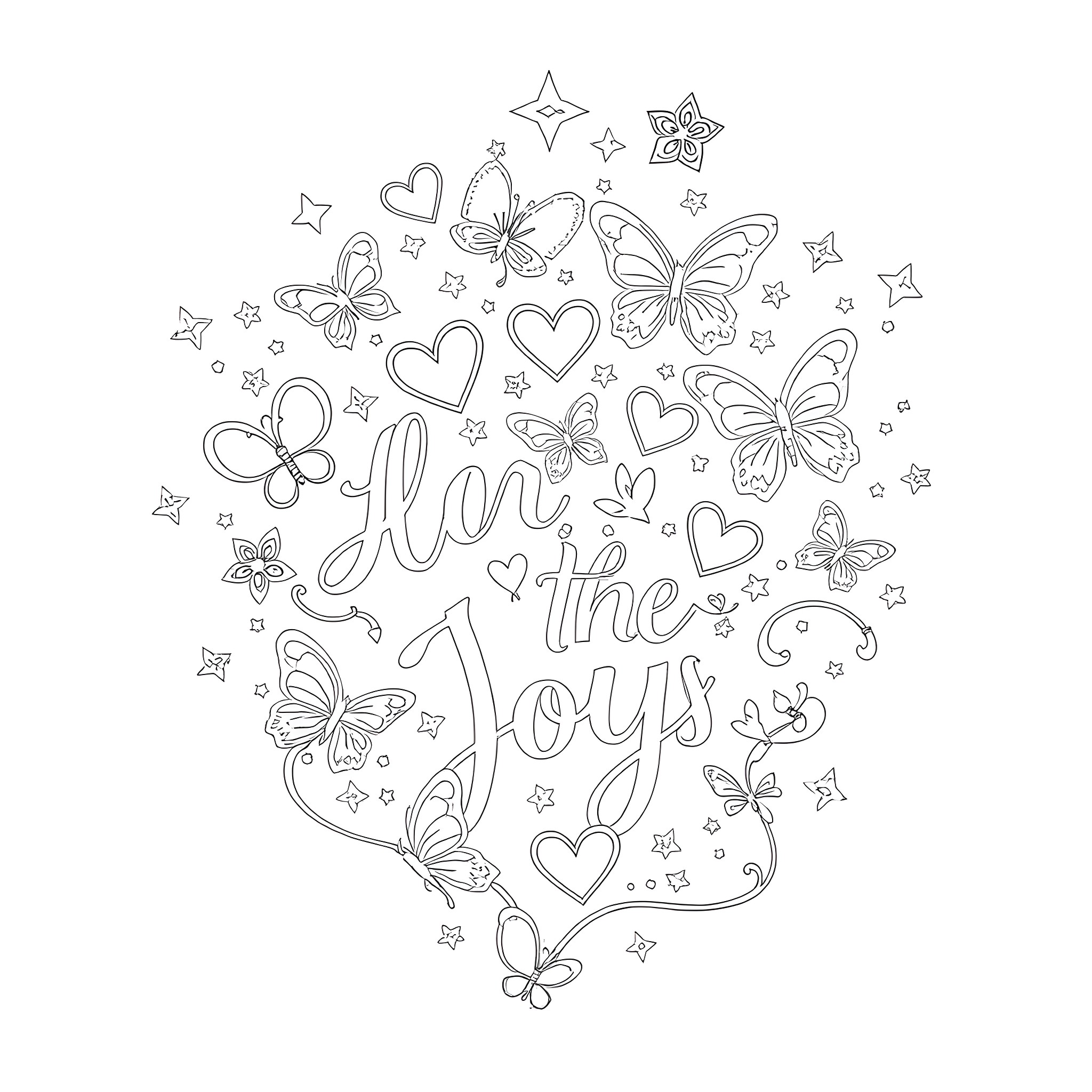 Scripture of Joyful Butterflies and Hearts Coloring Page (free black-and-white line drawing printable PDF for all, from beginners to advanced learners, including children, teens, adults, and seniors)
