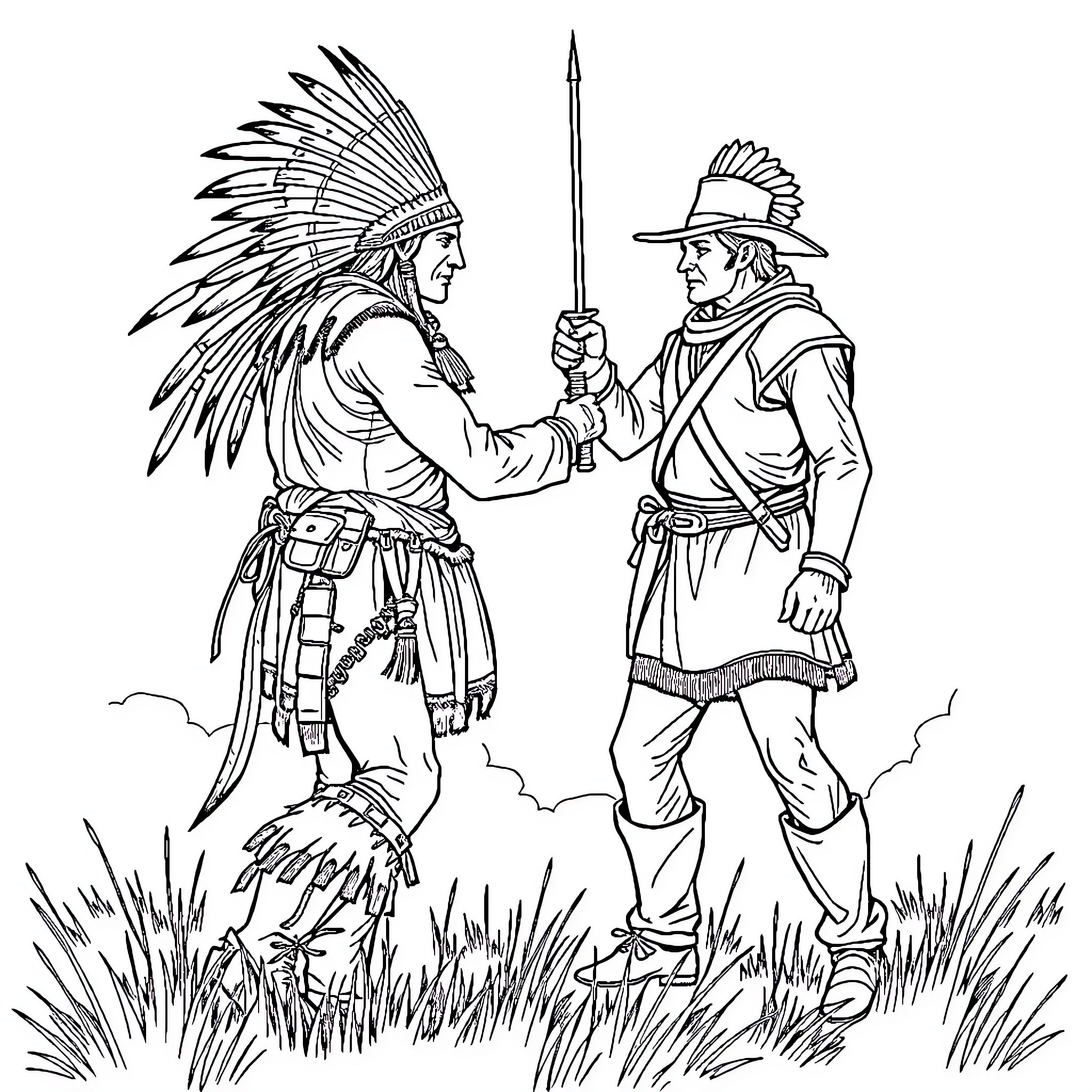 Indian Tribal Leaders in Traditional Attire Engaging in Dialogue Coloring Page (free black-and-white line drawing printable PDF for all, from beginners to advanced learners, including children, teens, adults, and seniors)
