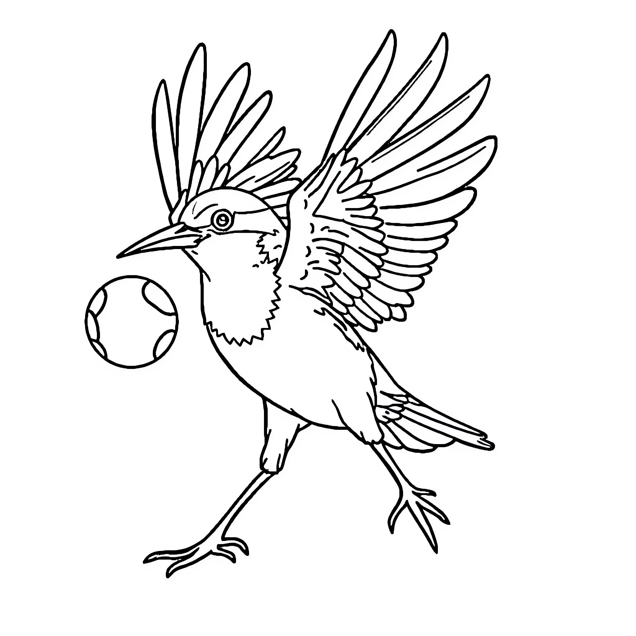 Bird carrying a ball in its beak Coloring Page (free black-and-white line drawing printable PDF for all, from beginners to advanced learners, including children, teens, adults, and seniors)