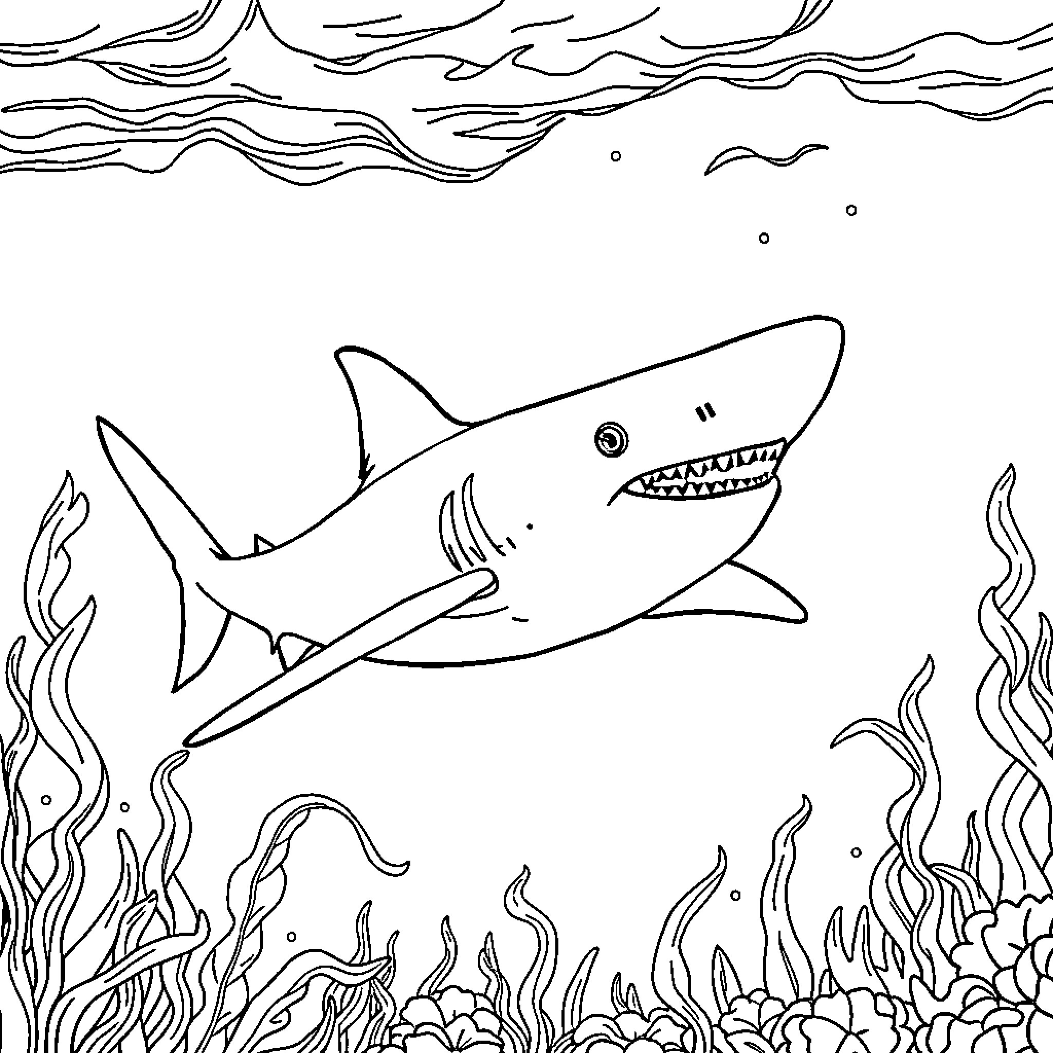 Shark swimming through the ocean Coloring Page (free black-and-white line drawing printable PDF for all, from beginners to advanced learners, including children, teens, adults, and seniors)