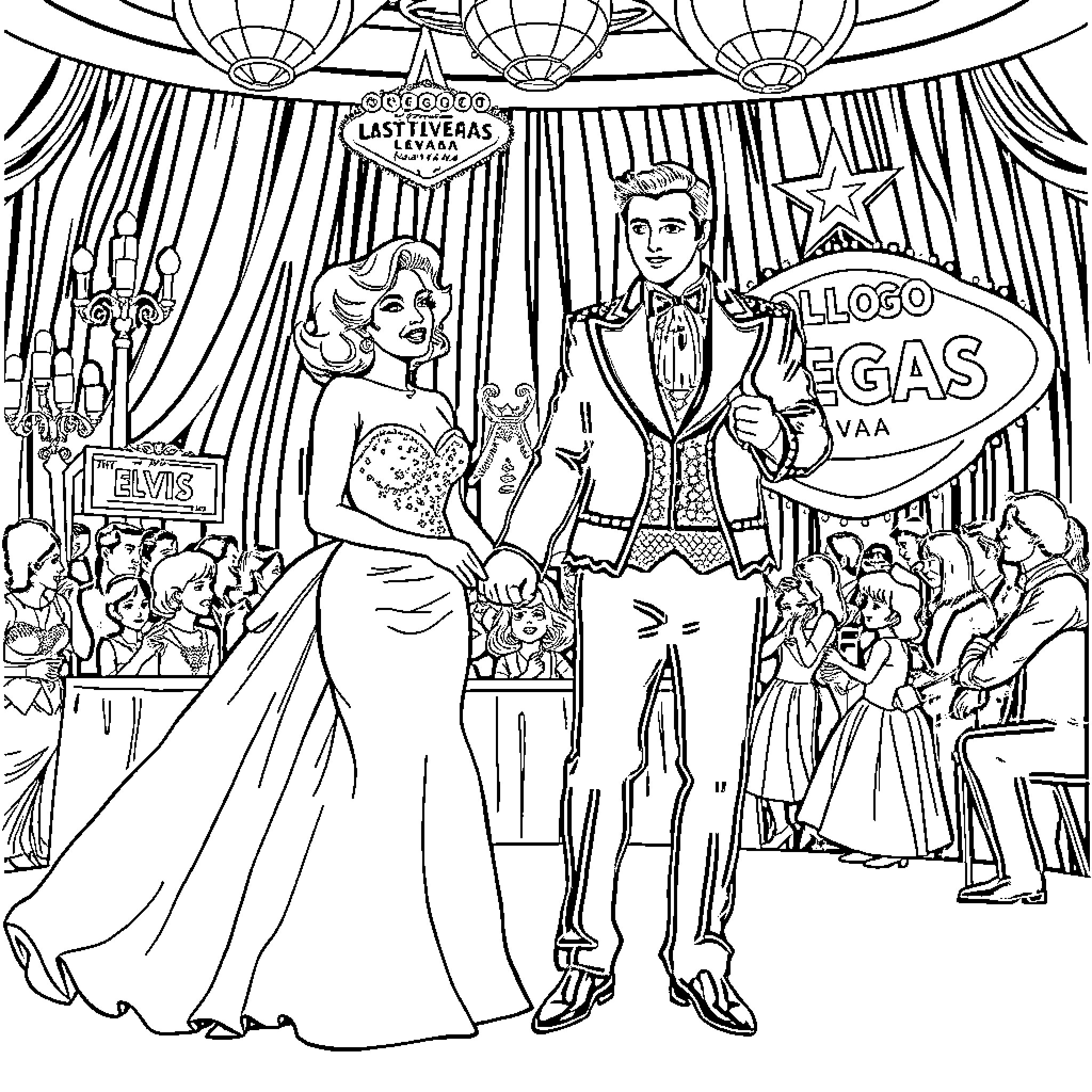 Wedding scene in a lavish Las Vegas venue Coloring Page (free black-and-white line drawing printable PDF for all, from beginners to advanced learners, including children, teens, adults, and seniors)