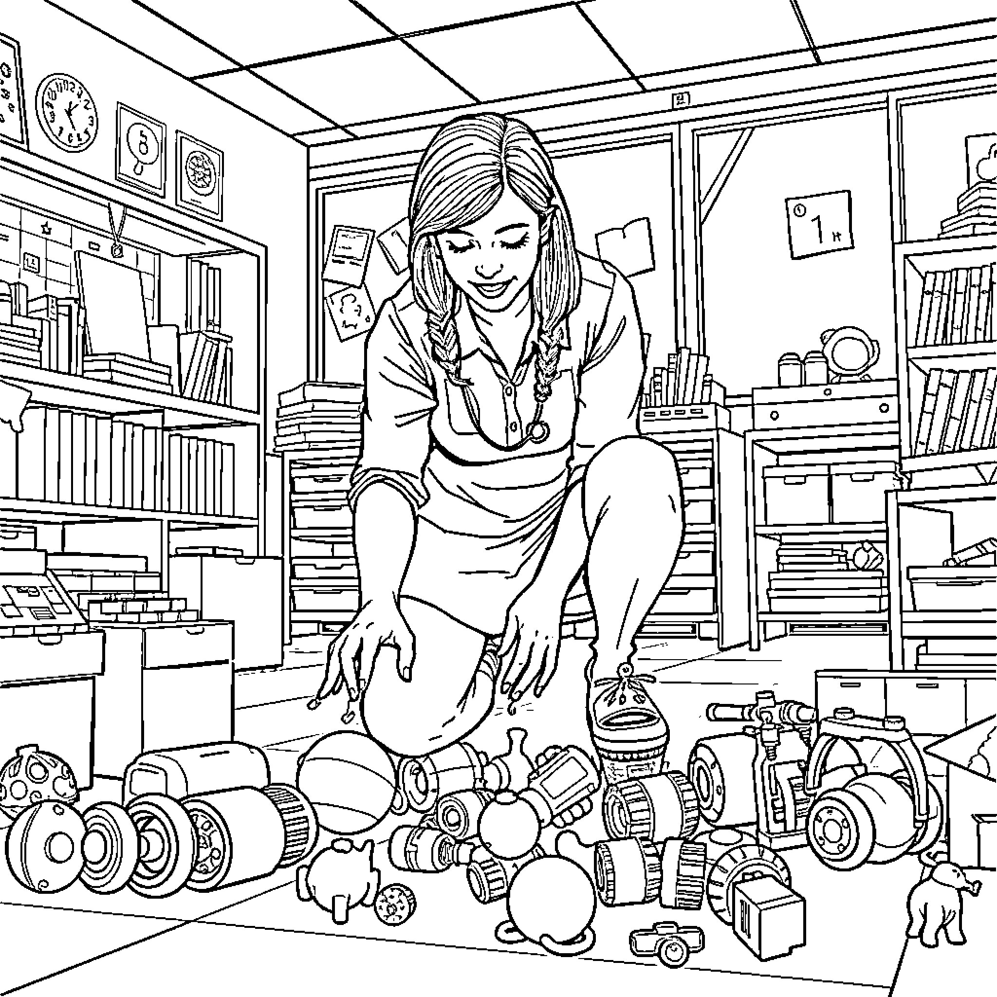 Teacher creating engaging educational environment Coloring Page (free black-and-white line drawing printable PDF for all, from beginners to advanced learners, including children, teens, adults, and seniors)