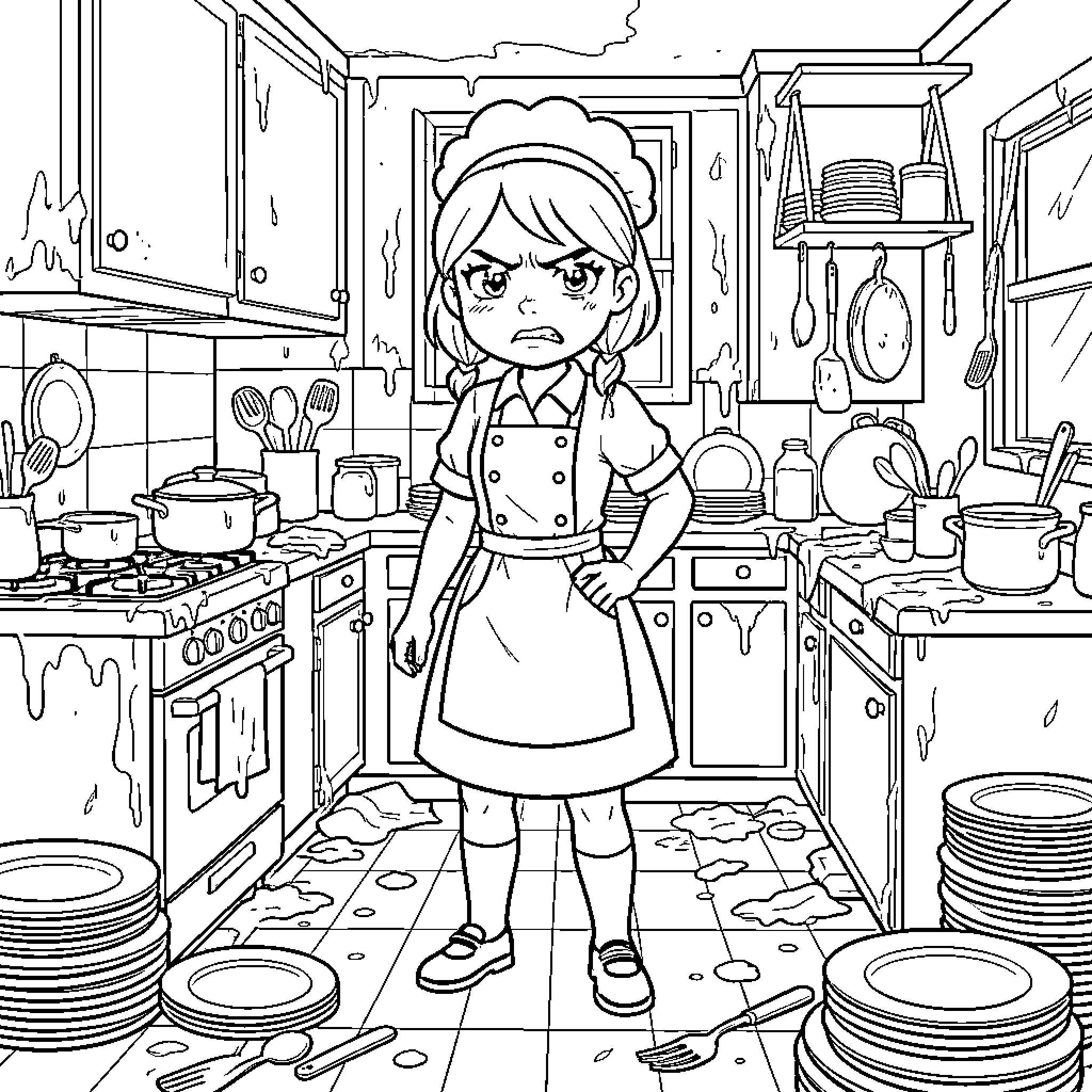 Cocinera struggles with messy kitchen Coloring Page (free black-and-white line drawing printable PDF for all, from beginners to advanced learners, including children, teens, adults, and seniors)