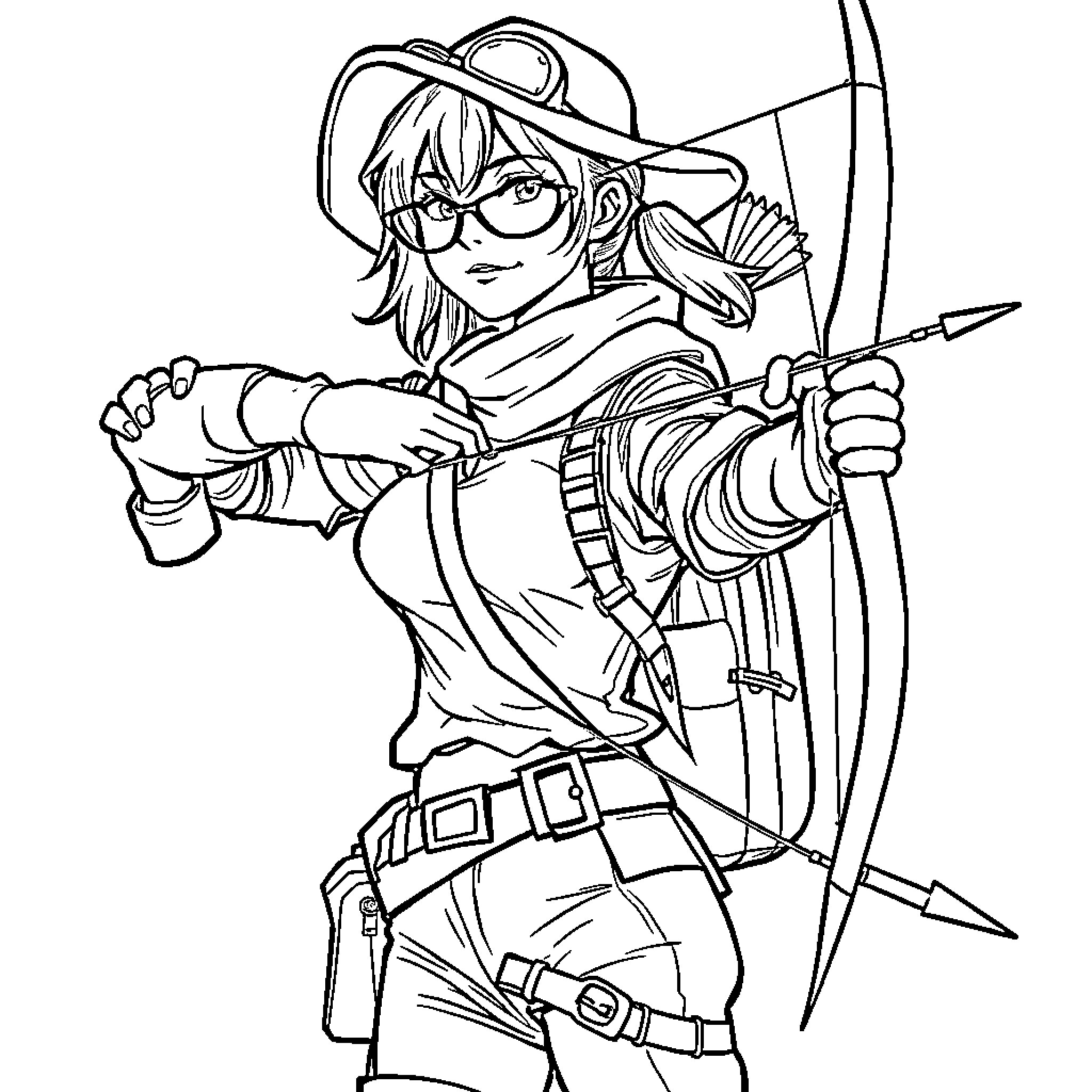 K-pop Huntress with Bow and Arrow Coloring Page (free black-and-white line drawing printable PDF for all, from beginners to advanced learners, including children, teens, adults, and seniors)
