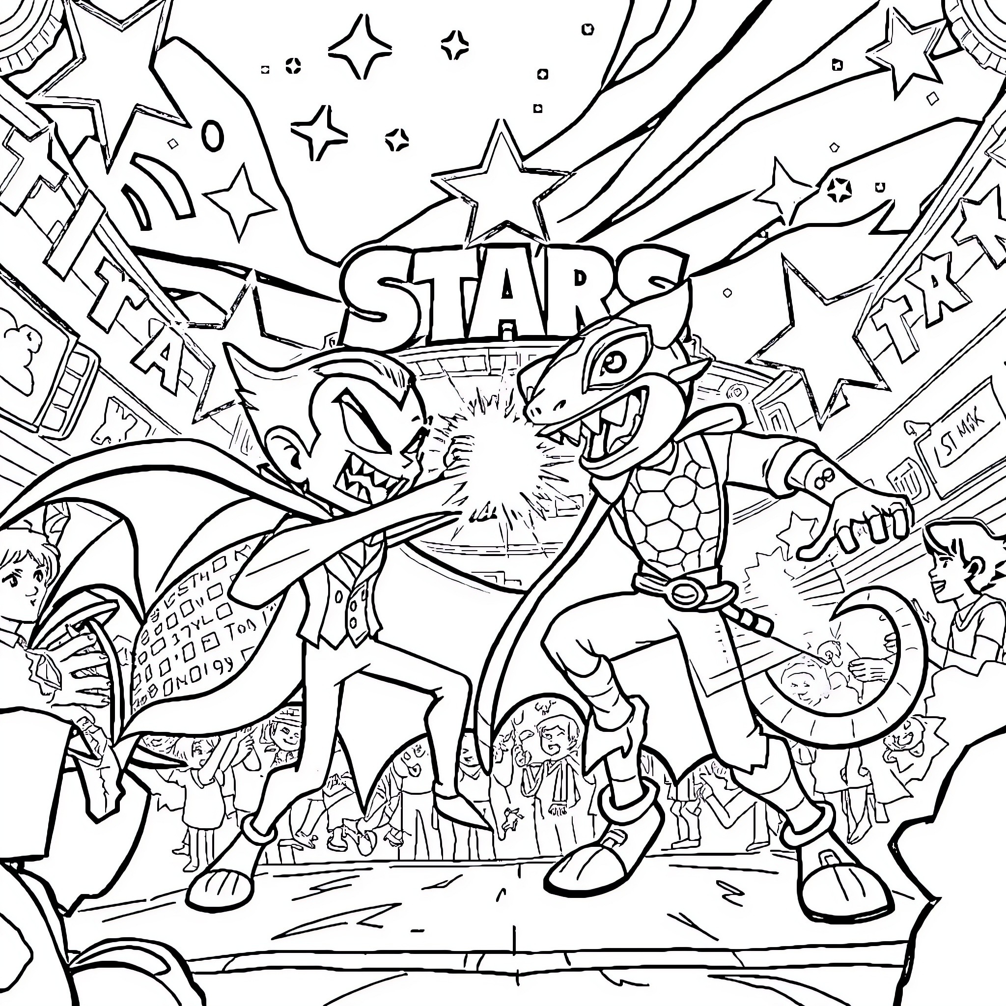 Mortis: Cosmic Chaos in the Stars Coloring Page (free black-and-white line drawing printable PDF for all, from beginners to advanced learners, including children, teens, adults, and seniors)