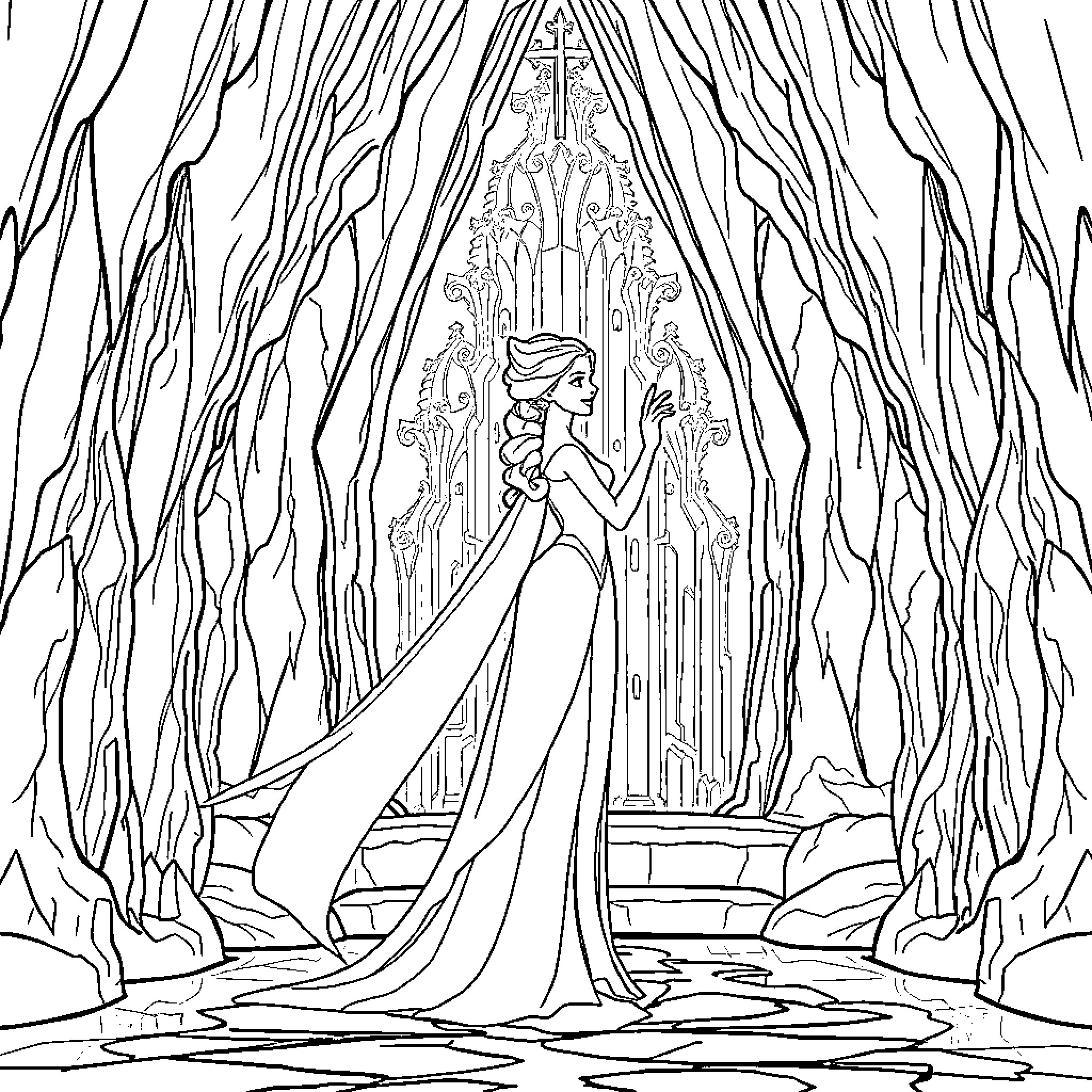 Elsa in the Icy Castle Coloring Page (free black-and-white line drawing printable PDF for all, from beginners to advanced learners, including children, teens, adults, and seniors)