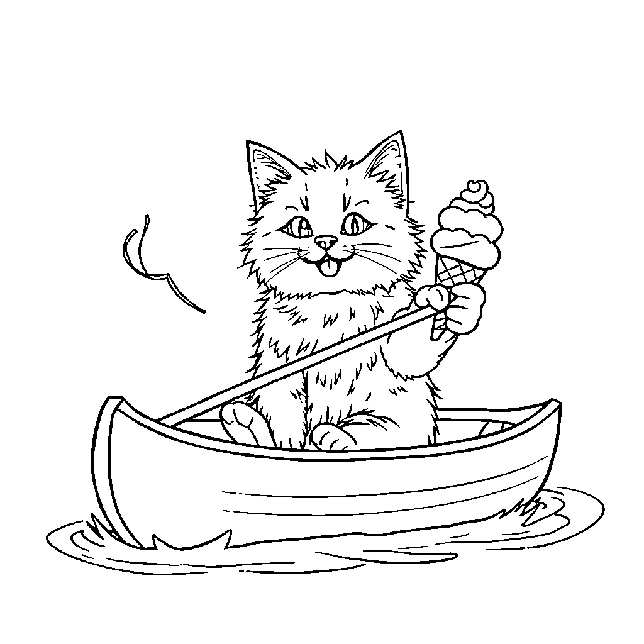 Cat enjoying an ice cream treat in a boat Coloring Page (free black-and-white line drawing printable PDF for all, from beginners to advanced learners, including children, teens, adults, and seniors)