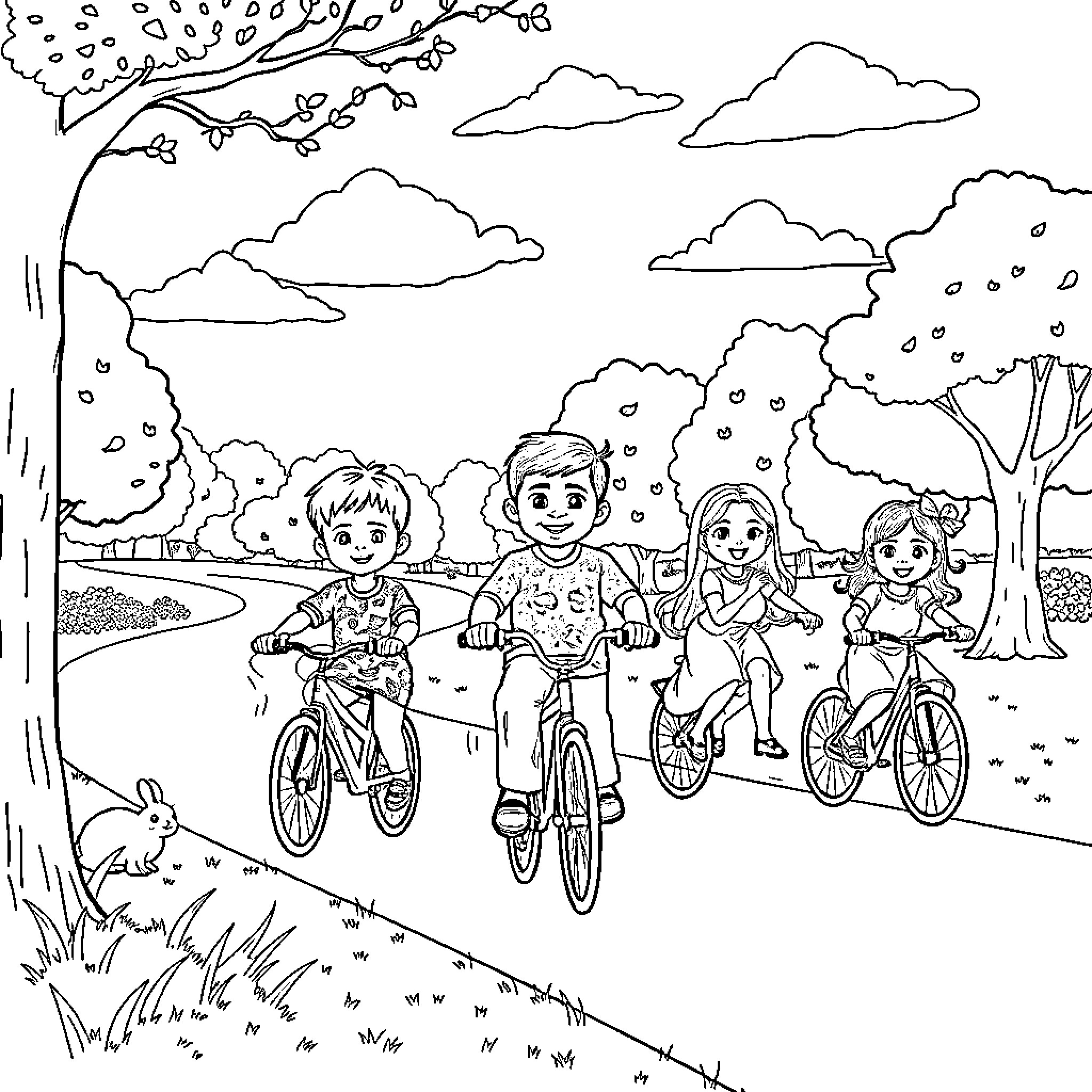 Boy and friends bike through nature Coloring Page (free black-and-white line drawing printable PDF for all, from beginners to advanced learners, including children, teens, adults, and seniors)