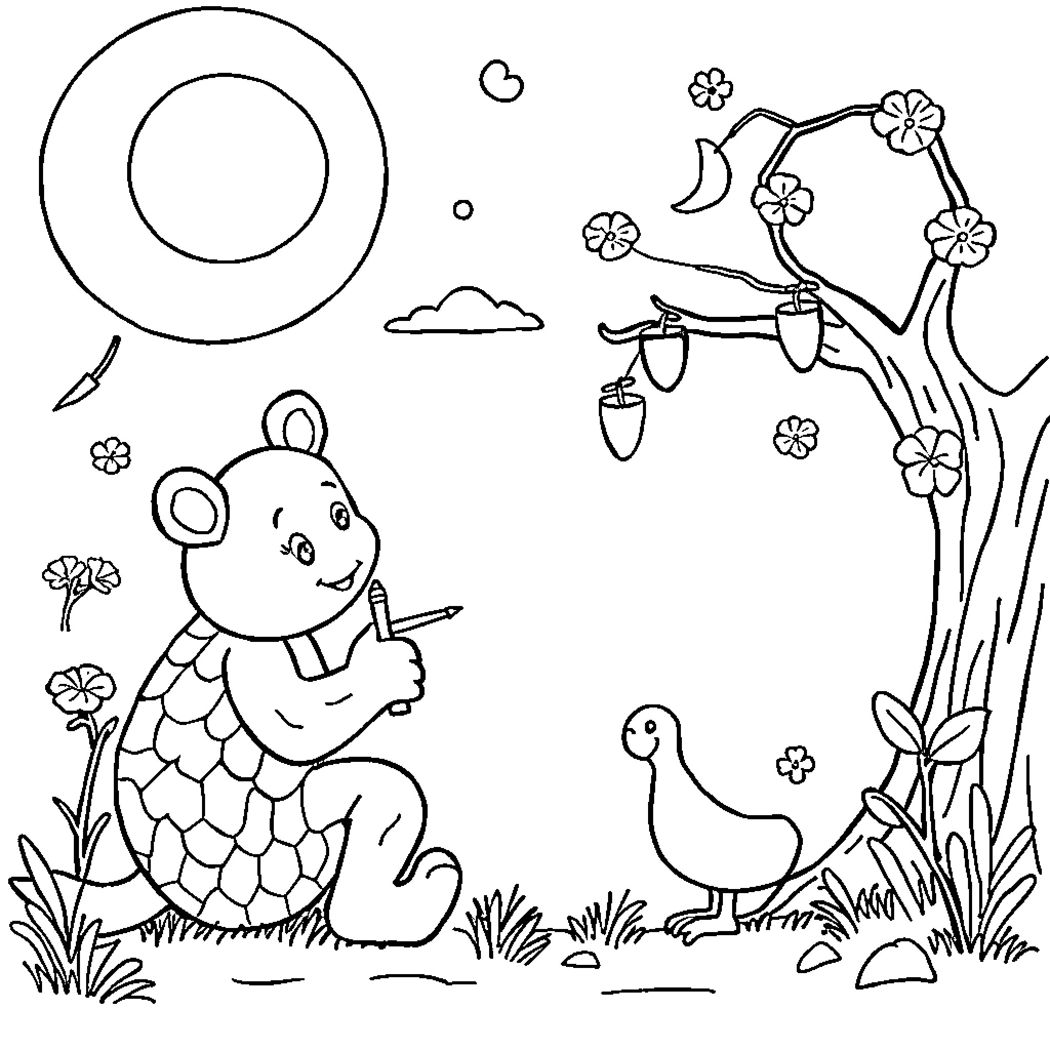 Writing a Colorful Scene with Nature and Animals Coloring Page (free black-and-white line drawing printable PDF for all, from beginners to advanced learners, including children, teens, adults, and seniors)