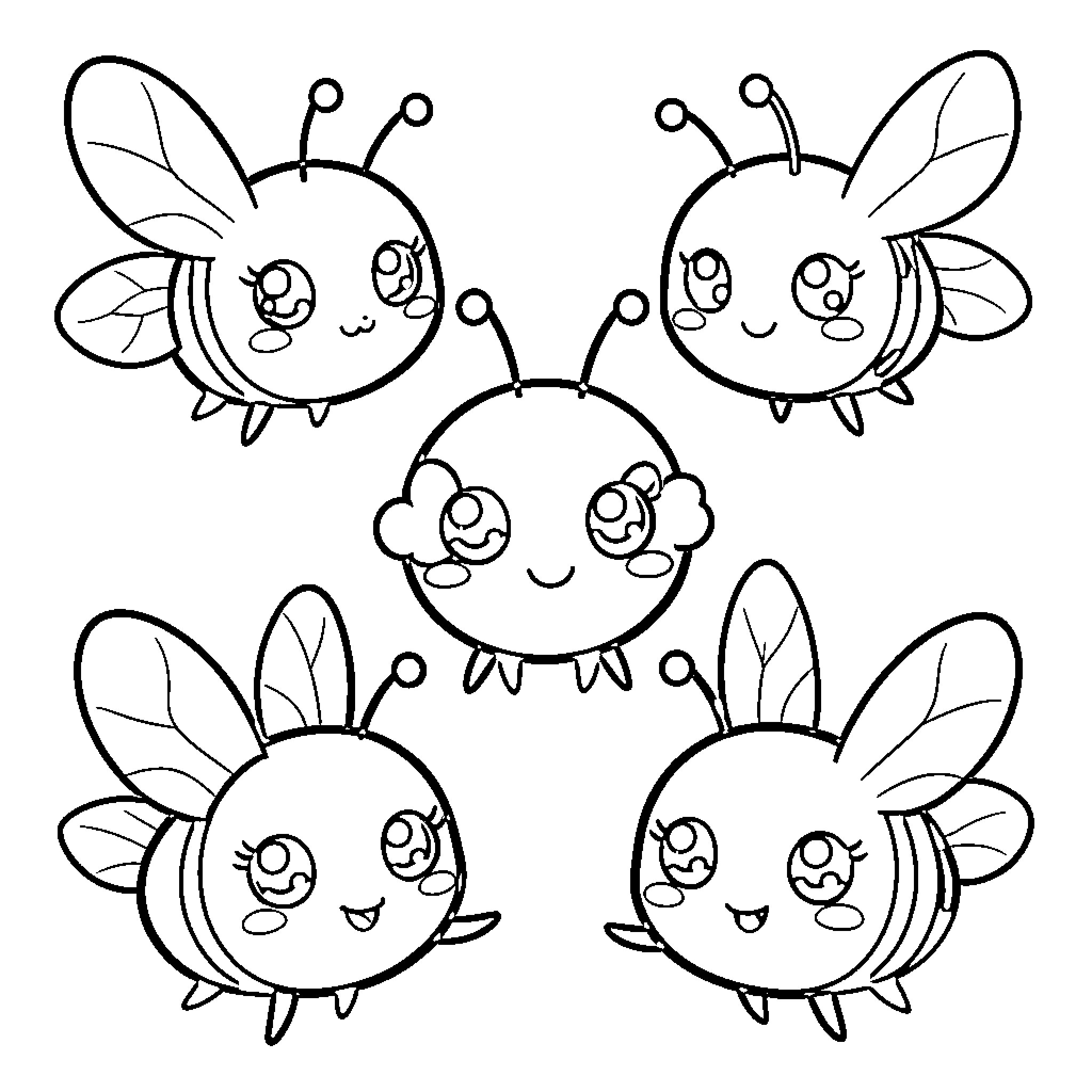 Bee friends playing cheerfully Coloring Page (free black-and-white line drawing printable PDF for all, from beginners to advanced learners, including children, teens, adults, and seniors)