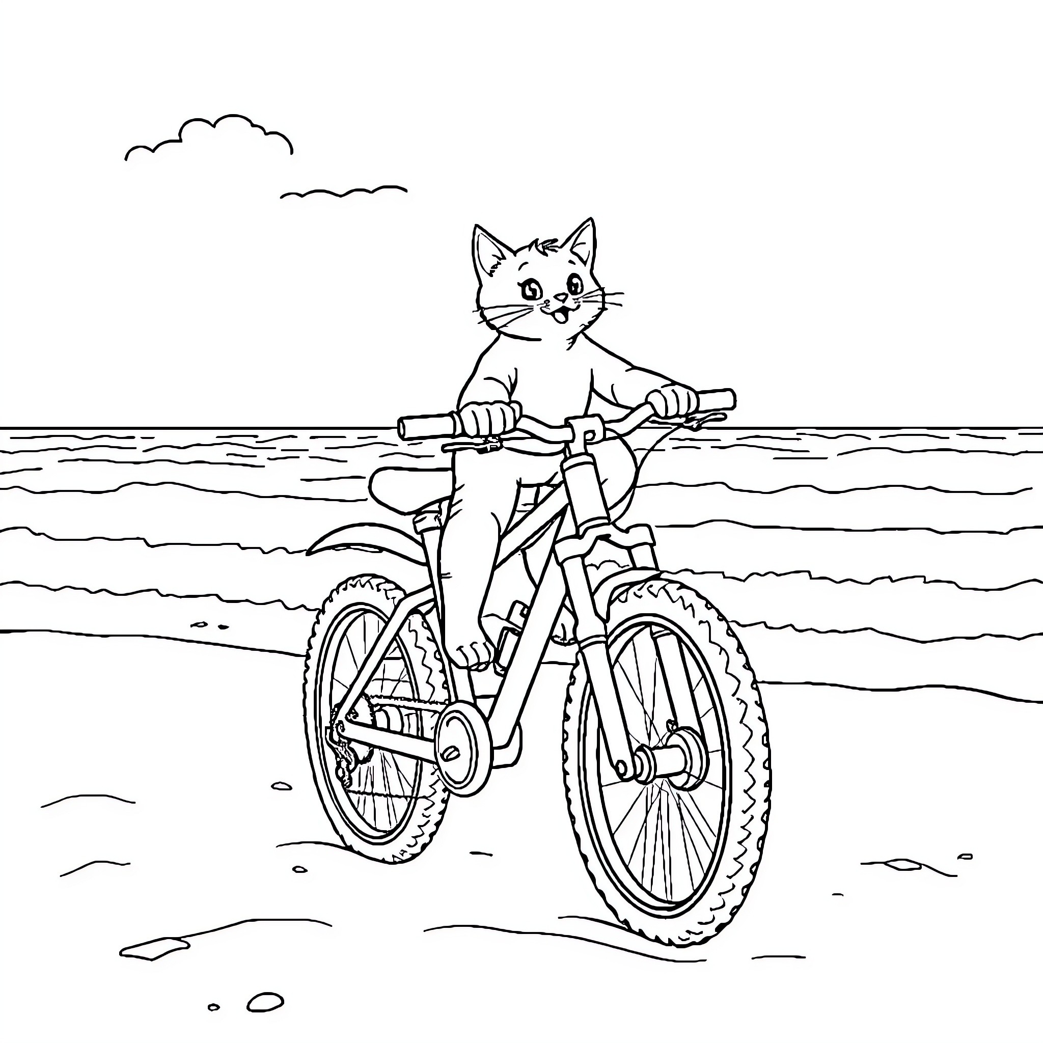 Mountain Bike Riding by Adventurous Feline Coloring Page (free black-and-white line drawing printable PDF for all, from beginners to advanced learners, including children, teens, adults, and seniors)