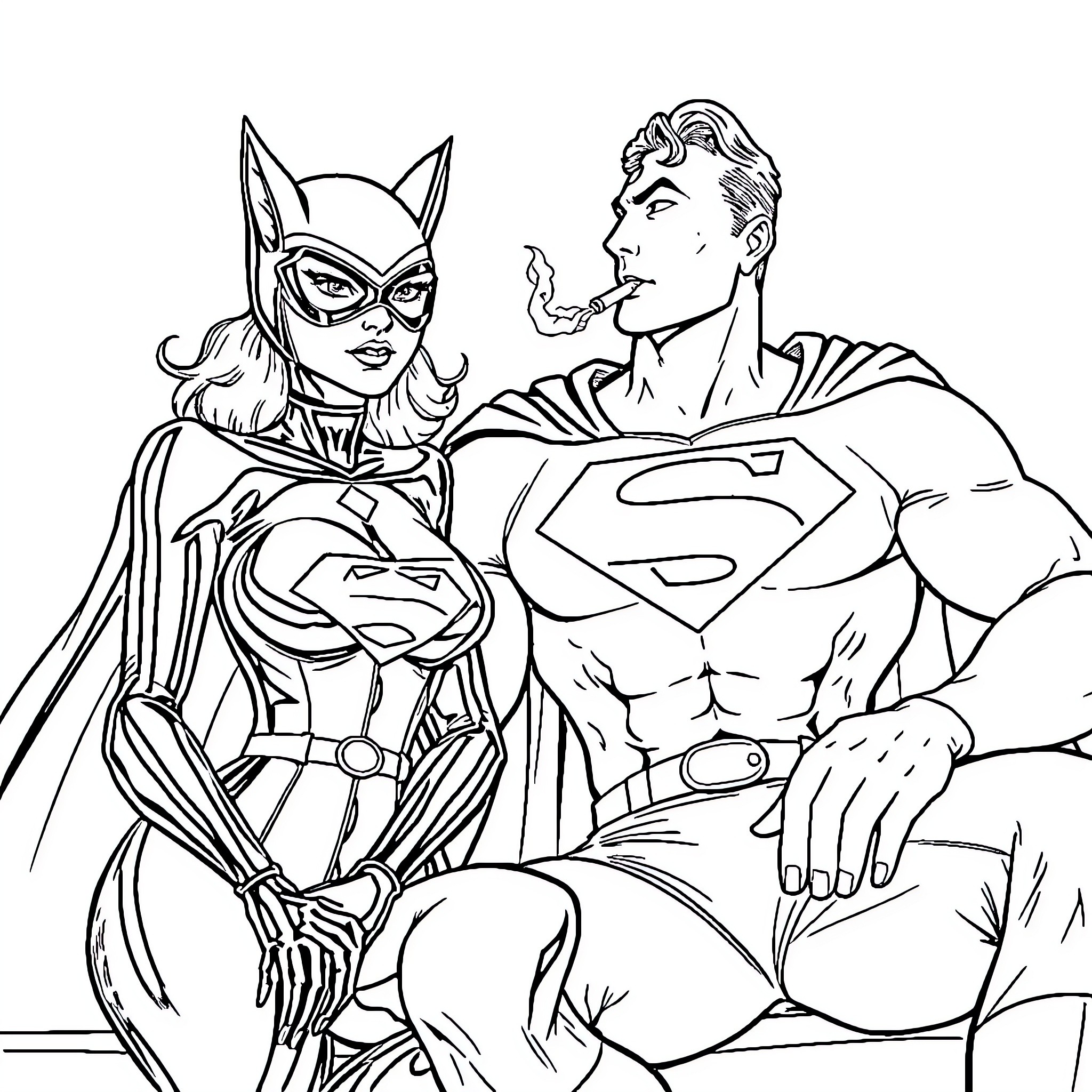 Superman and Batwoman in action Coloring Page (free black-and-white line drawing printable PDF for all, from beginners to advanced learners, including children, teens, adults, and seniors)