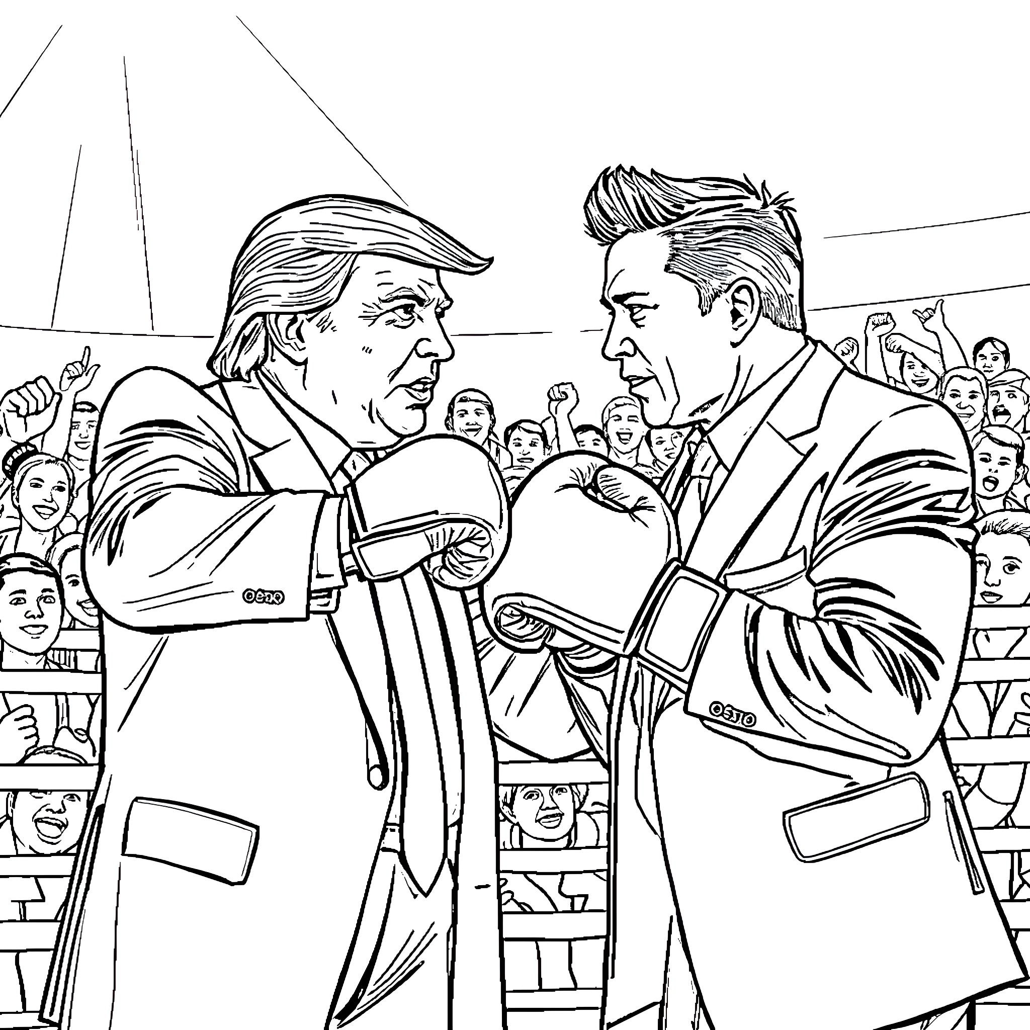 Donald Trump Confronting a Political Rival in Public Coloring Page (free black-and-white line drawing printable PDF for all, from beginners to advanced learners, including children, teens, adults, and seniors)