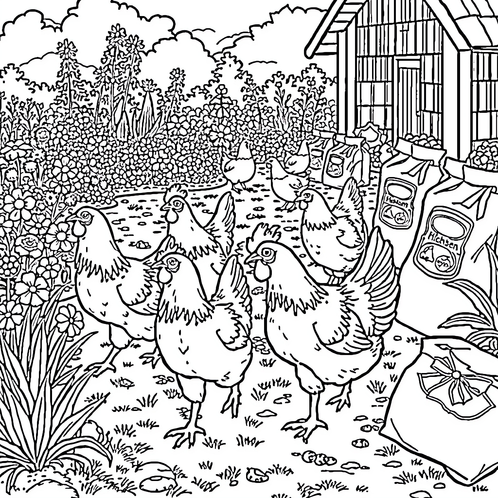 Chickens roaming around the farmyard Coloring Page (free black-and-white line drawing printable PDF for all, from beginners to advanced learners, including children, teens, adults, and seniors)