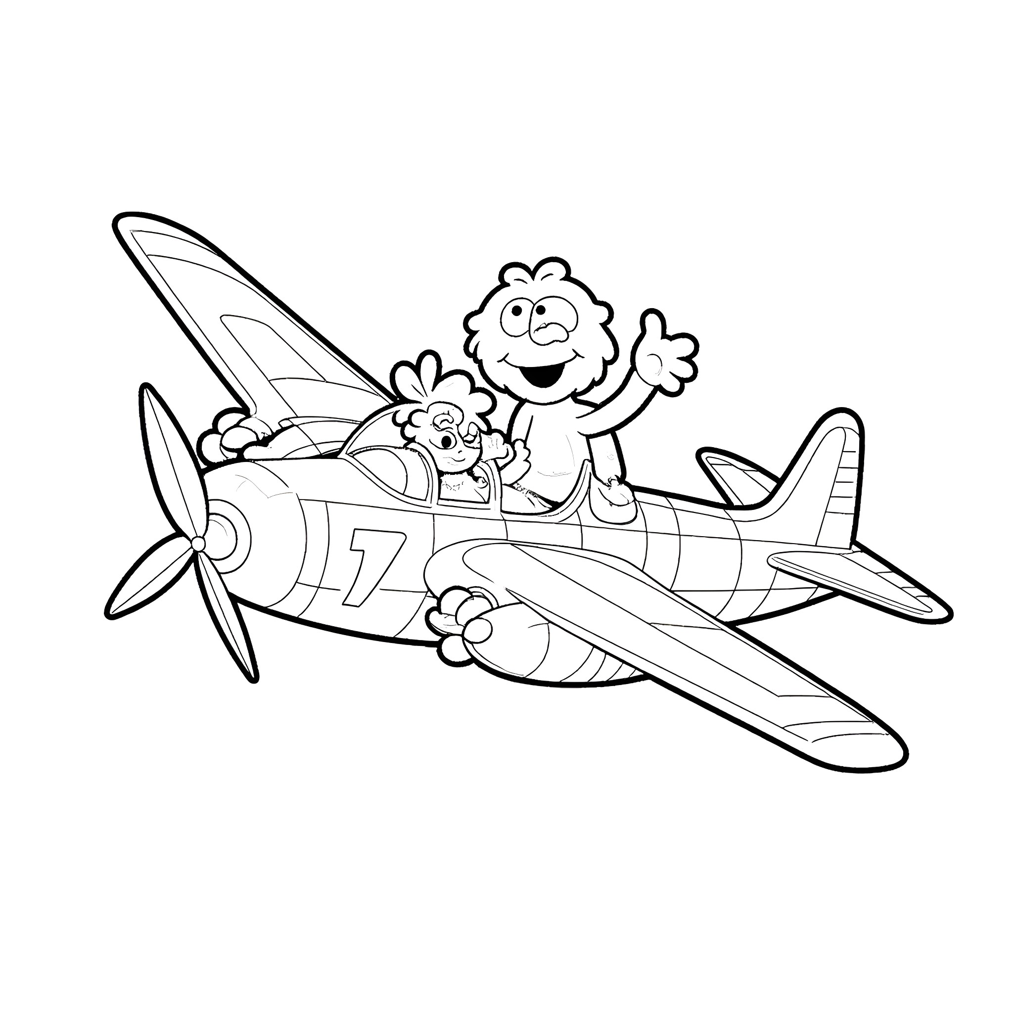 Elmo and friends having fun in a vintage airplane Coloring Page (free black-and-white line drawing printable PDF for all, from beginners to advanced learners, including children, teens, adults, and seniors)