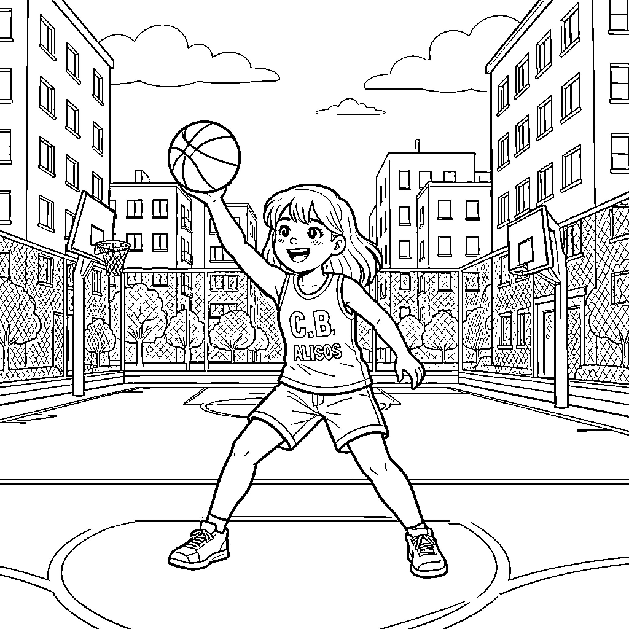 Nina's Joyful Basketball Moment on the Court Coloring Page (free black-and-white line drawing printable PDF for all, from beginners to advanced learners, including children, teens, adults, and seniors)