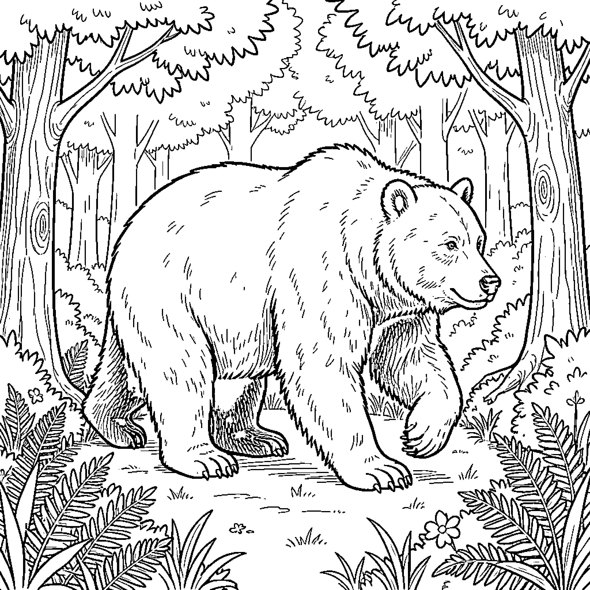 Bear exploring the forest Coloring Page (free black-and-white line drawing printable PDF for all, from beginners to advanced learners, including children, teens, adults, and seniors)