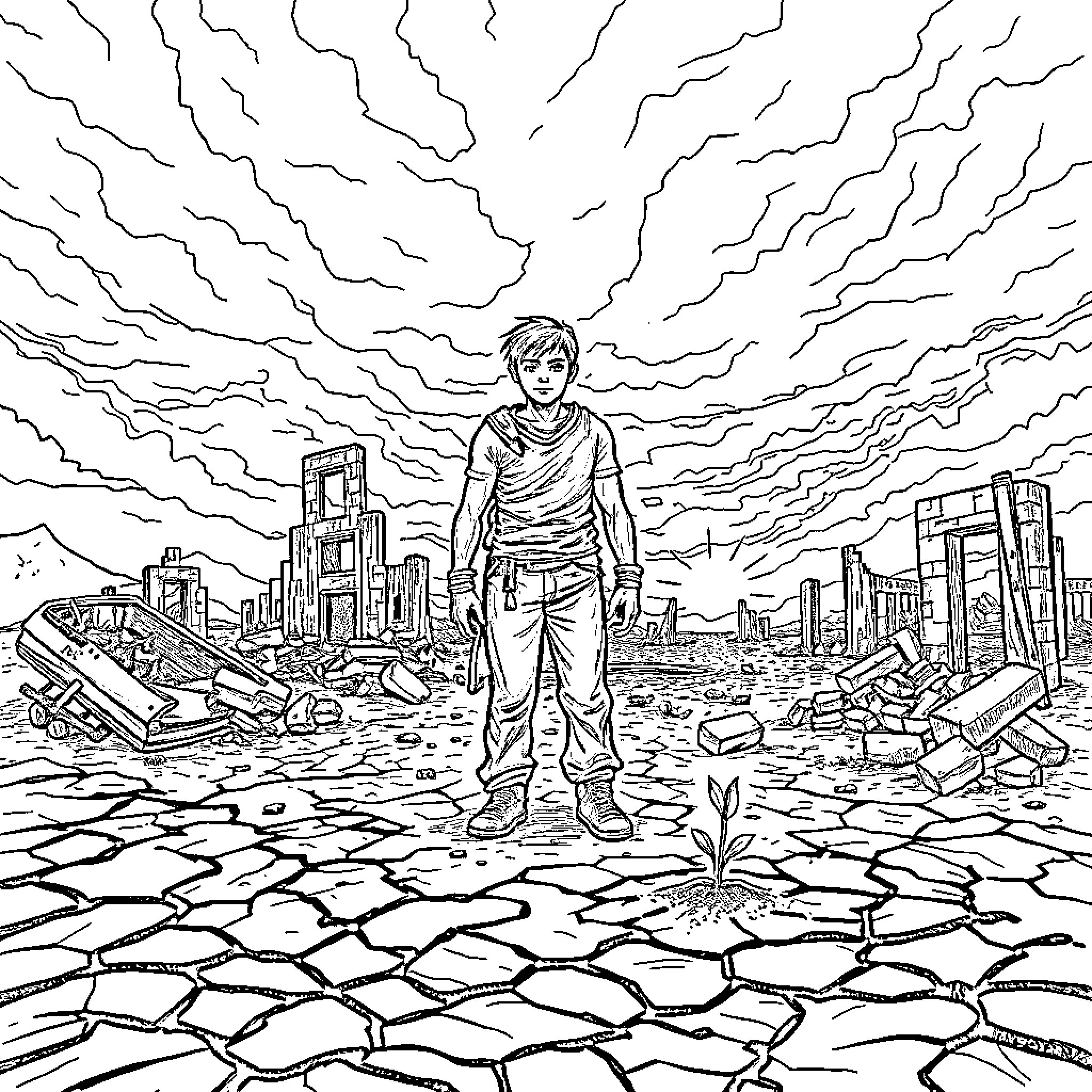 Figure of a Person Amid Destroyed City Landscape Coloring Page (free black-and-white line drawing printable PDF for all, from beginners to advanced learners, including children, teens, adults, and seniors)