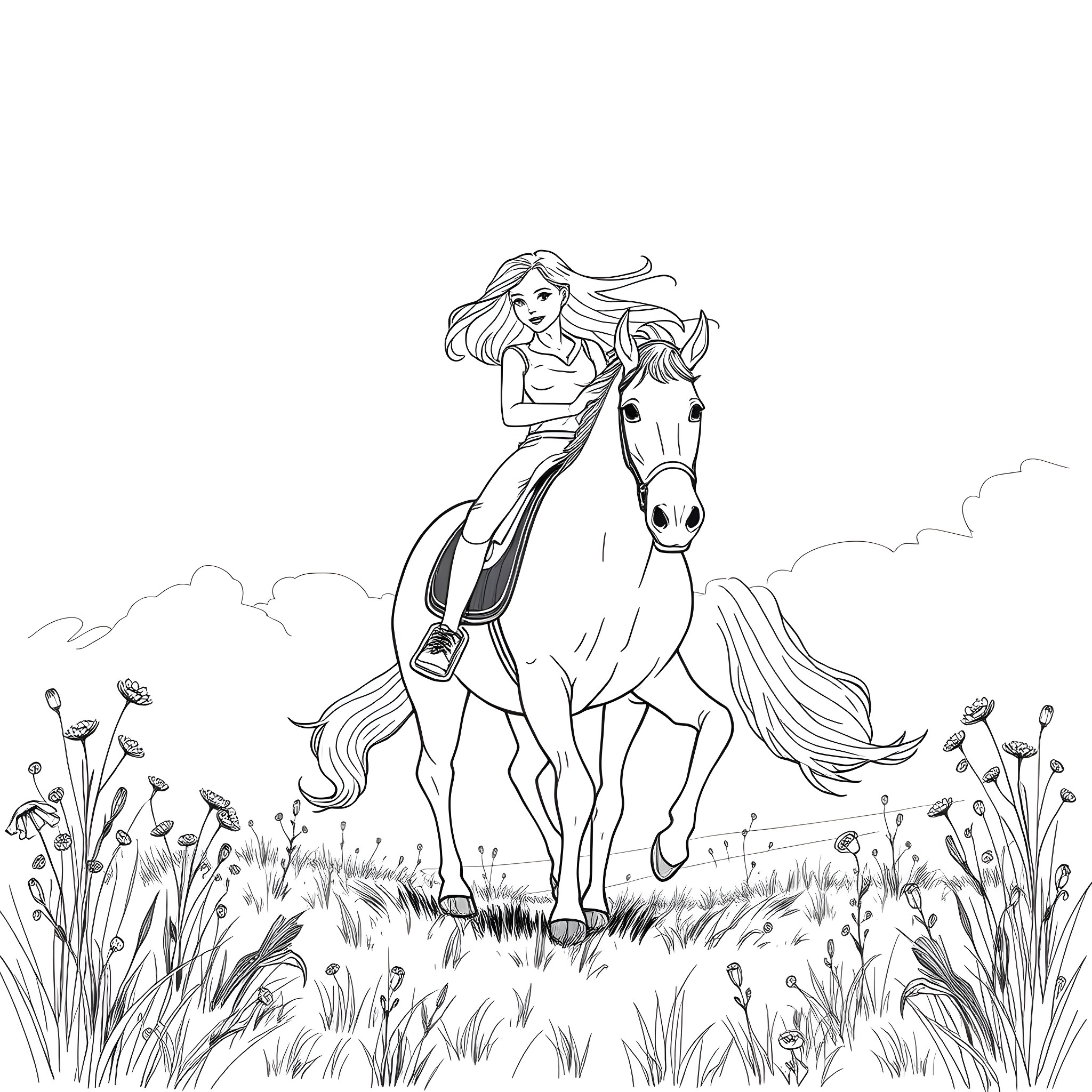 Teen Girl Riding Horse in Scenic Meadow Coloring Page (free black-and-white line drawing printable PDF for all, from beginners to advanced learners, including children, teens, adults, and seniors)
