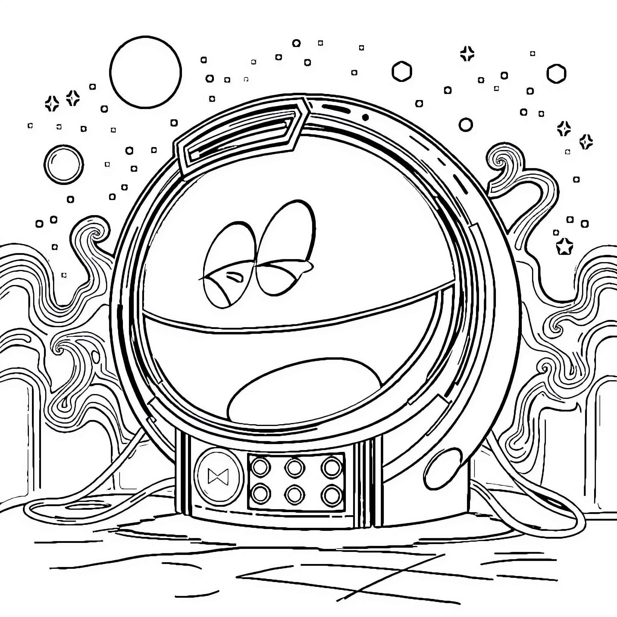 Pacman traversing the cosmic landscape Coloring Page (free black-and-white line drawing printable PDF for all, from beginners to advanced learners, including children, teens, adults, and seniors)