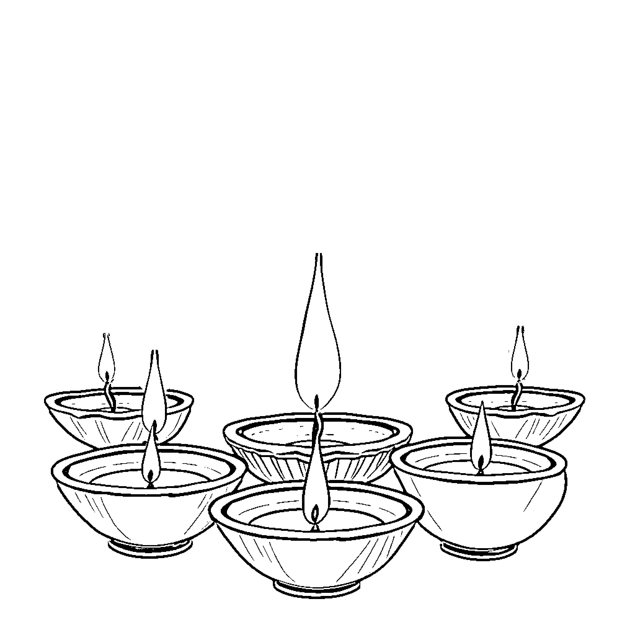 Diya Lamps in Symmetrical Arrangement Coloring Page (free black-and-white line drawing printable PDF for all, from beginners to advanced learners, including children, teens, adults, and seniors)