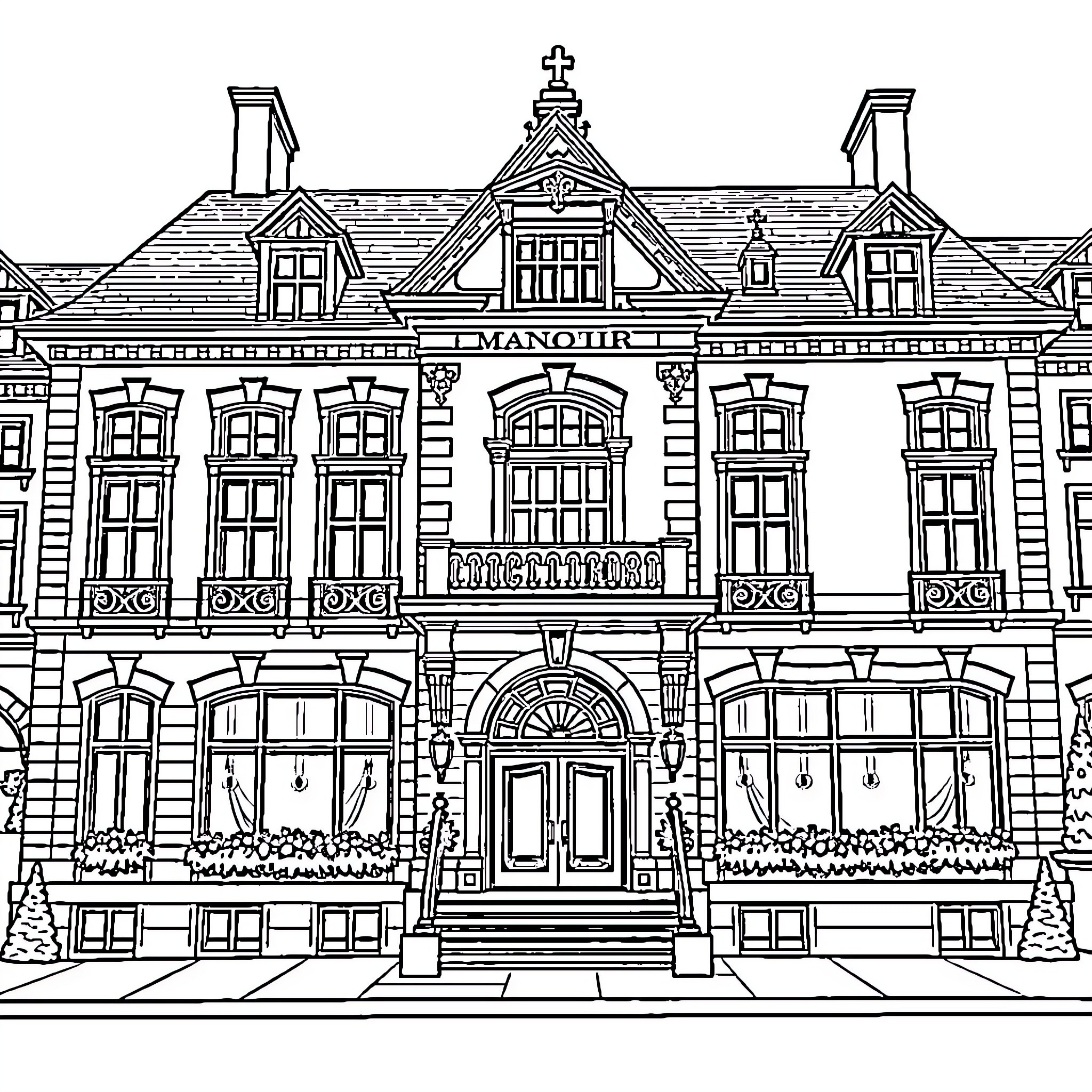 Hotel with Ornate Architectural Details and Entrance Coloring Page (free black-and-white line drawing printable PDF for all, from beginners to advanced learners, including children, teens, adults, and seniors)