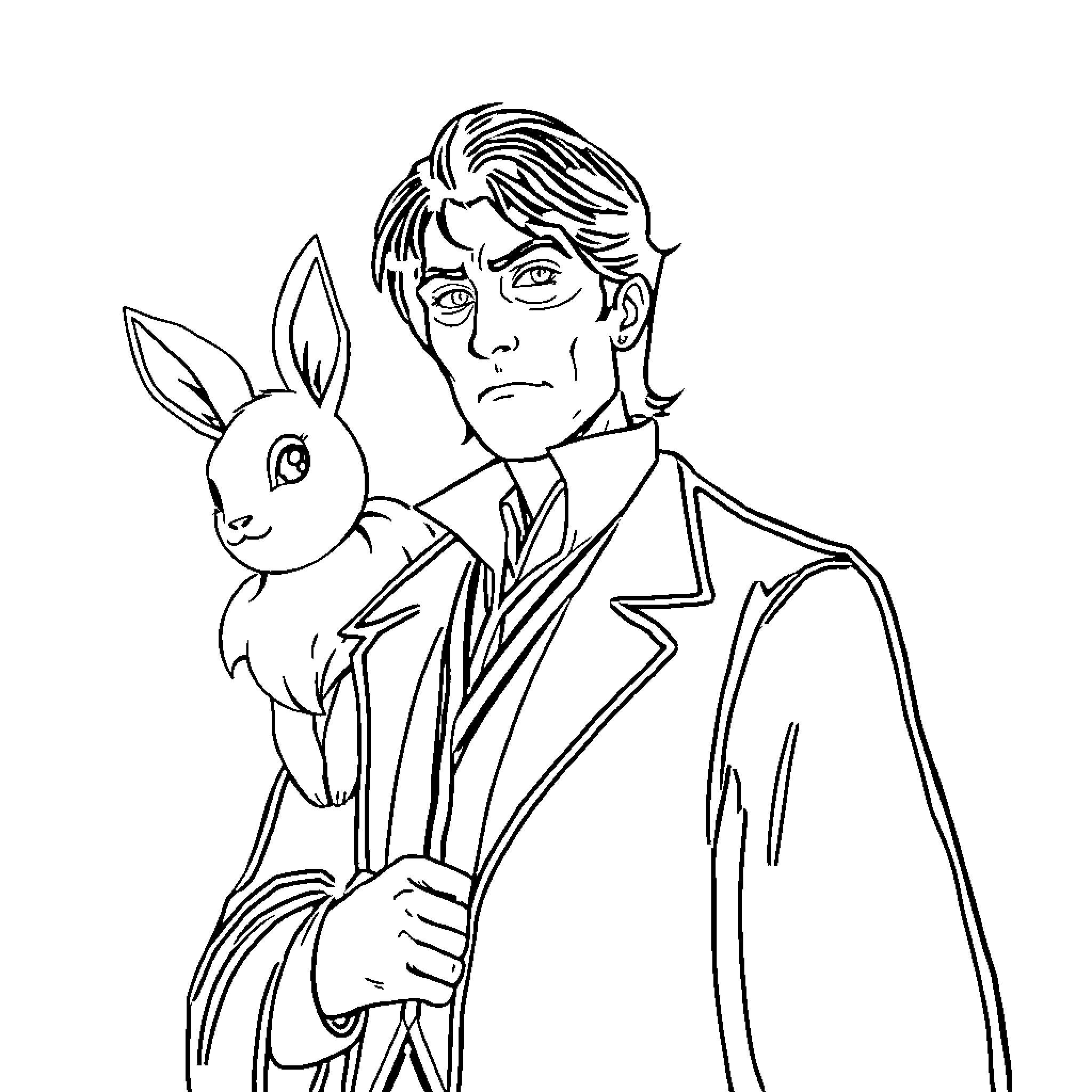 Professor Snape with a rabbit companion Coloring Page (free black-and-white line drawing printable PDF for all, from beginners to advanced learners, including children, teens, adults, and seniors)