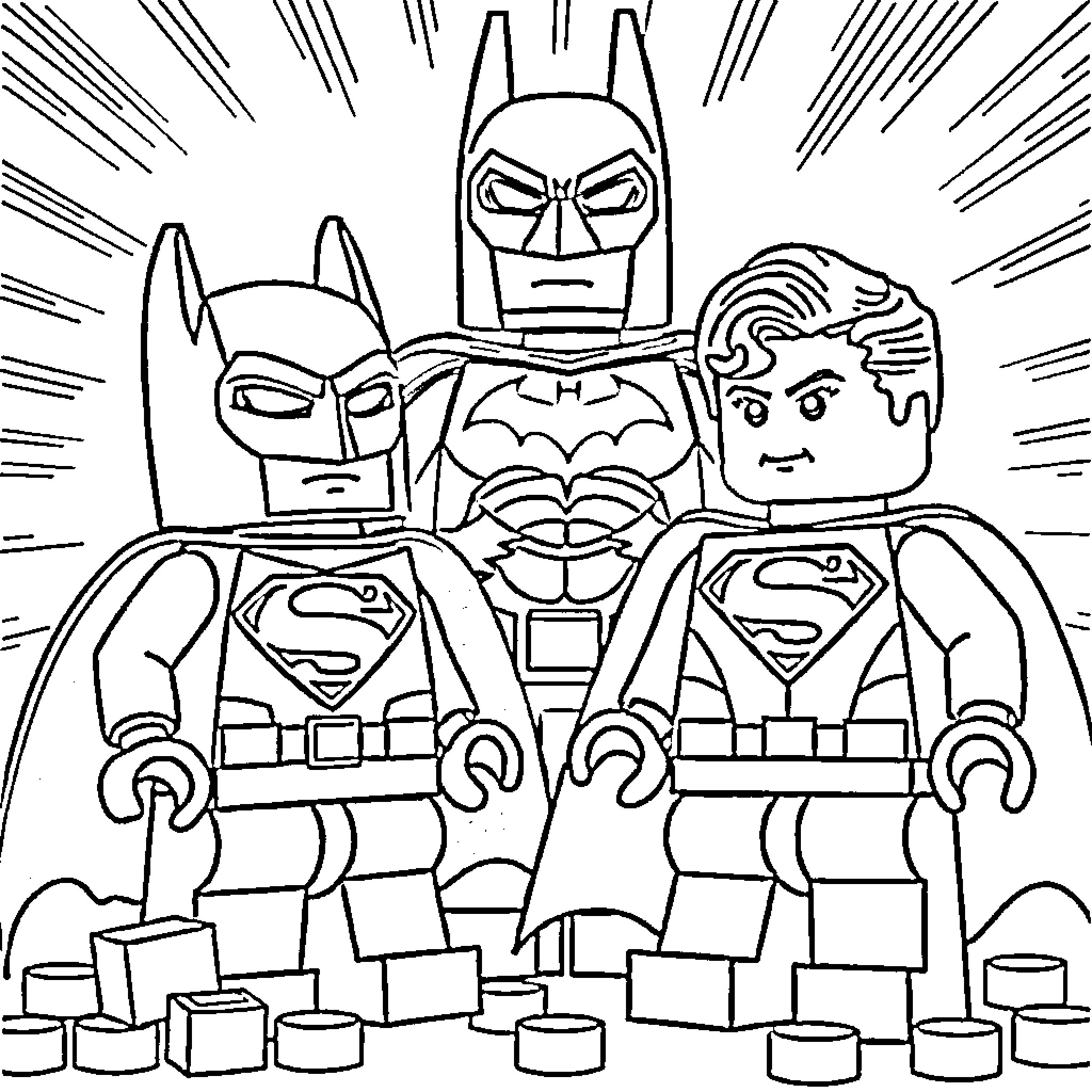 Lego superheroes in action-packed adventure Coloring Page (free black-and-white line drawing printable PDF for all, from beginners to advanced learners, including children, teens, adults, and seniors)