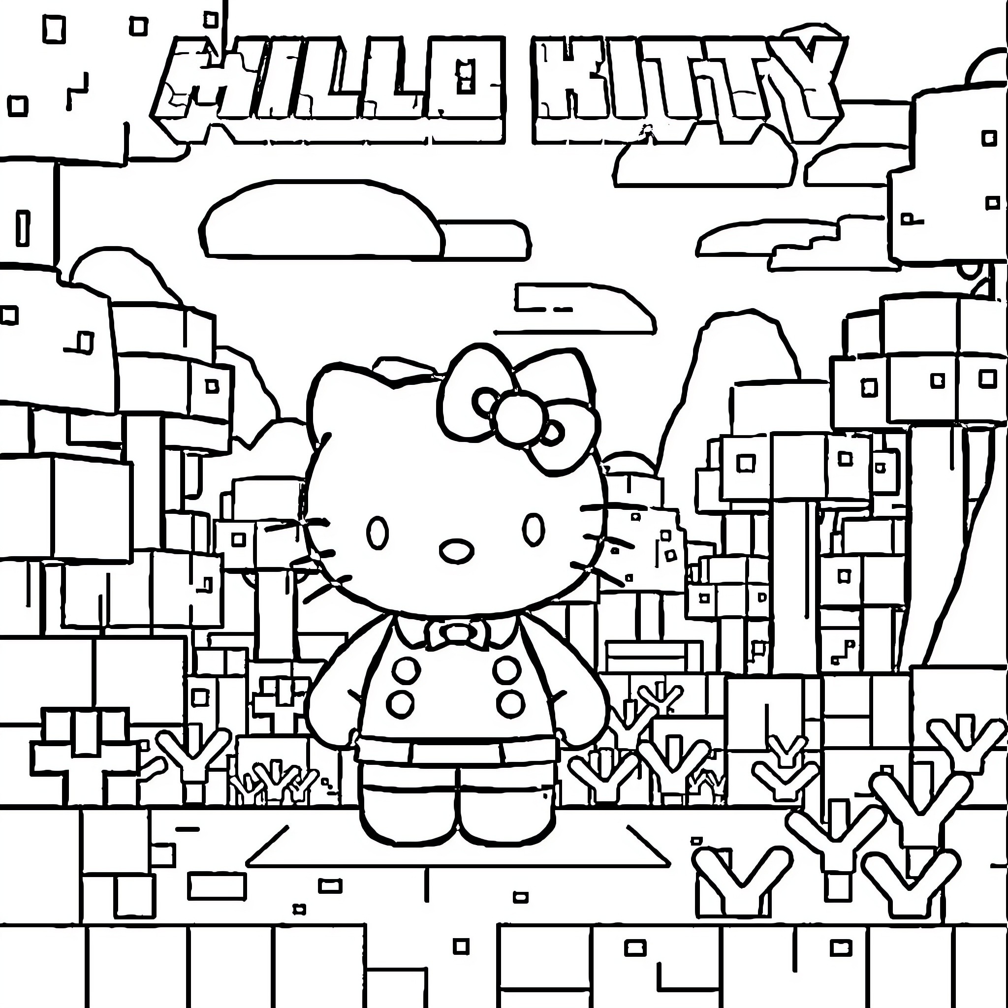 Hello Kitty exploring a city landscape Coloring Page (free black-and-white line drawing printable PDF for all, from beginners to advanced learners, including children, teens, adults, and seniors)