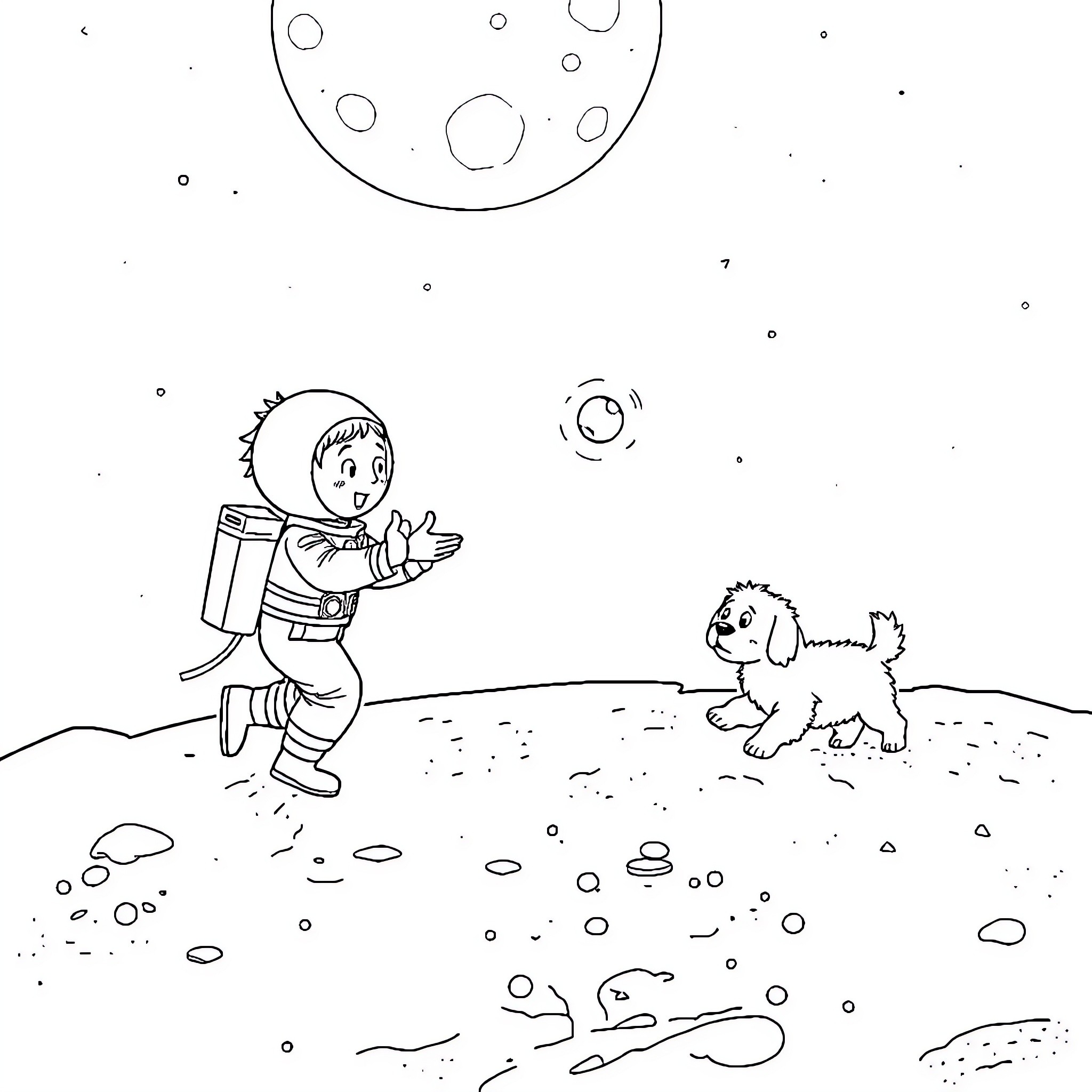 Boy exploring the moon with his dog Coloring Page (free black-and-white line drawing printable PDF for all, from beginners to advanced learners, including children, teens, adults, and seniors)