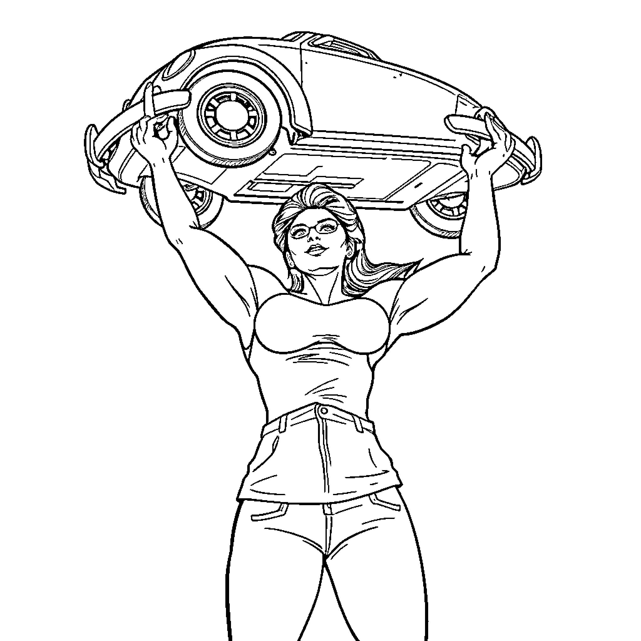 Strongwoman lifting automobile with muscular prowess Coloring Page (free black-and-white line drawing printable PDF for all, from beginners to advanced learners, including children, teens, adults, and seniors)