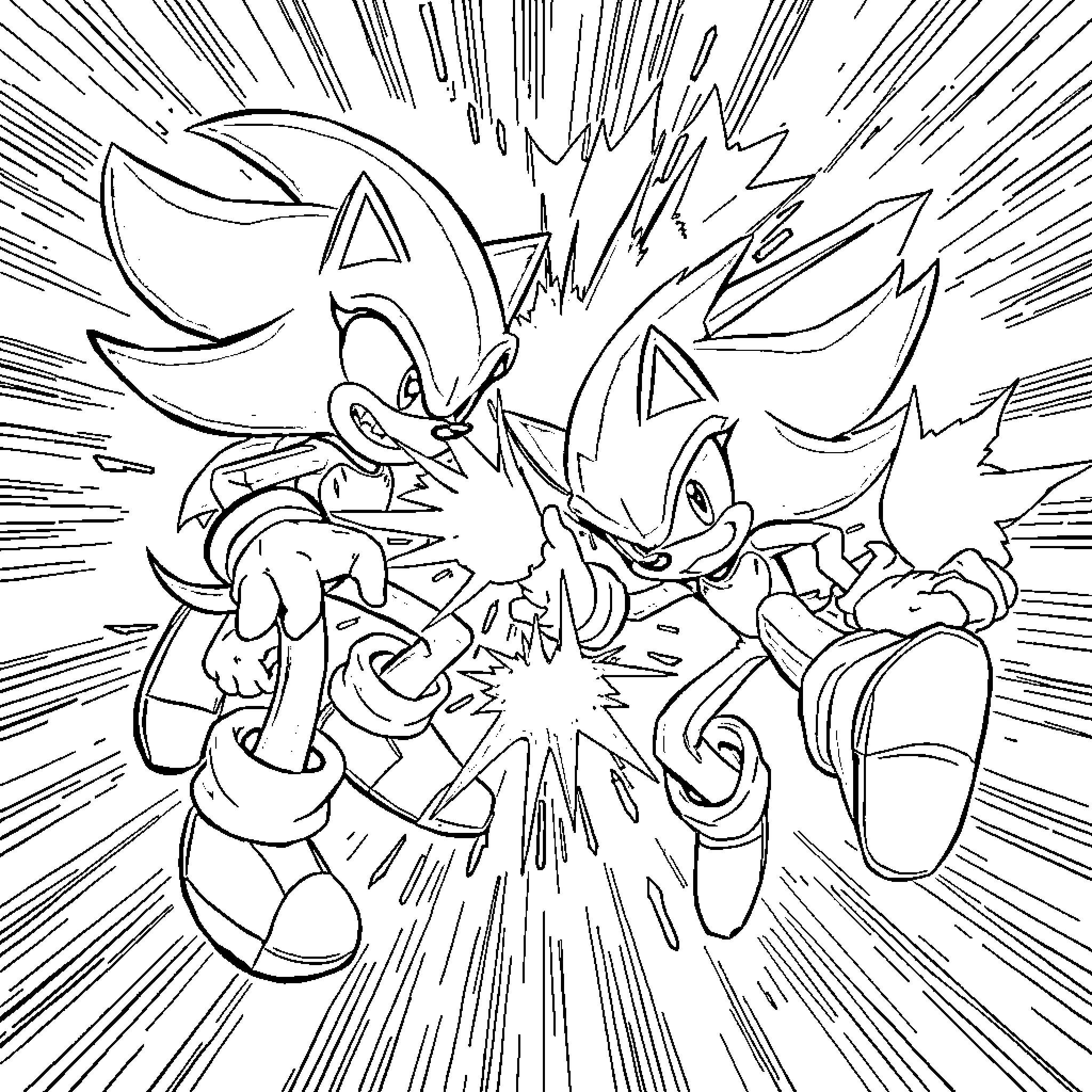 Sonic characters in action-packed scene Coloring Page (free black-and-white line drawing printable PDF for all, from beginners to advanced learners, including children, teens, adults, and seniors)