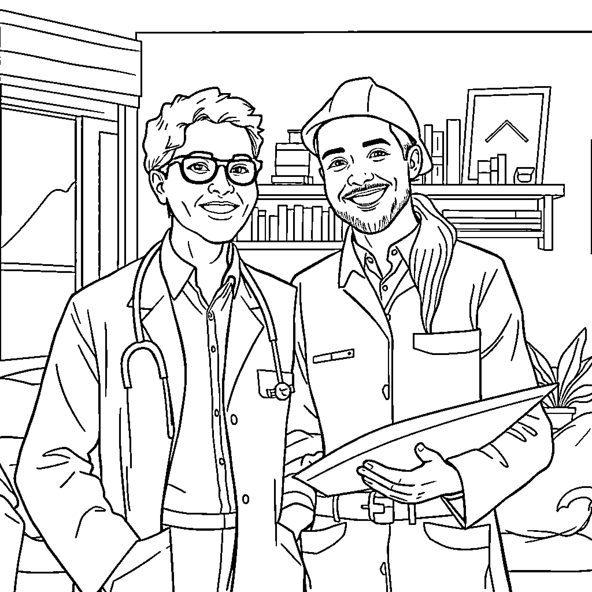 Couple of professionals in an office setting Coloring Page (free black-and-white line drawing printable PDF for all, from beginners to advanced learners, including children, teens, adults, and seniors)