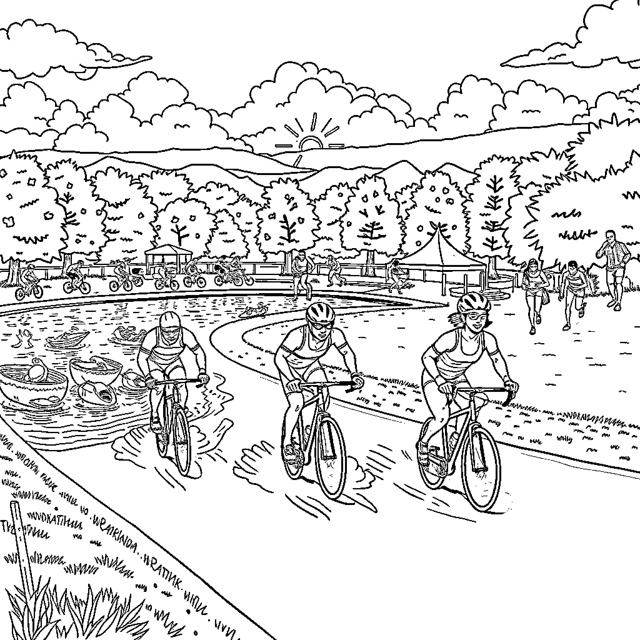 Triathlon competitors cycling through the scenic countryside Coloring Page (free black-and-white line drawing printable PDF for all, from beginners to advanced learners, including children, teens, adults, and seniors)