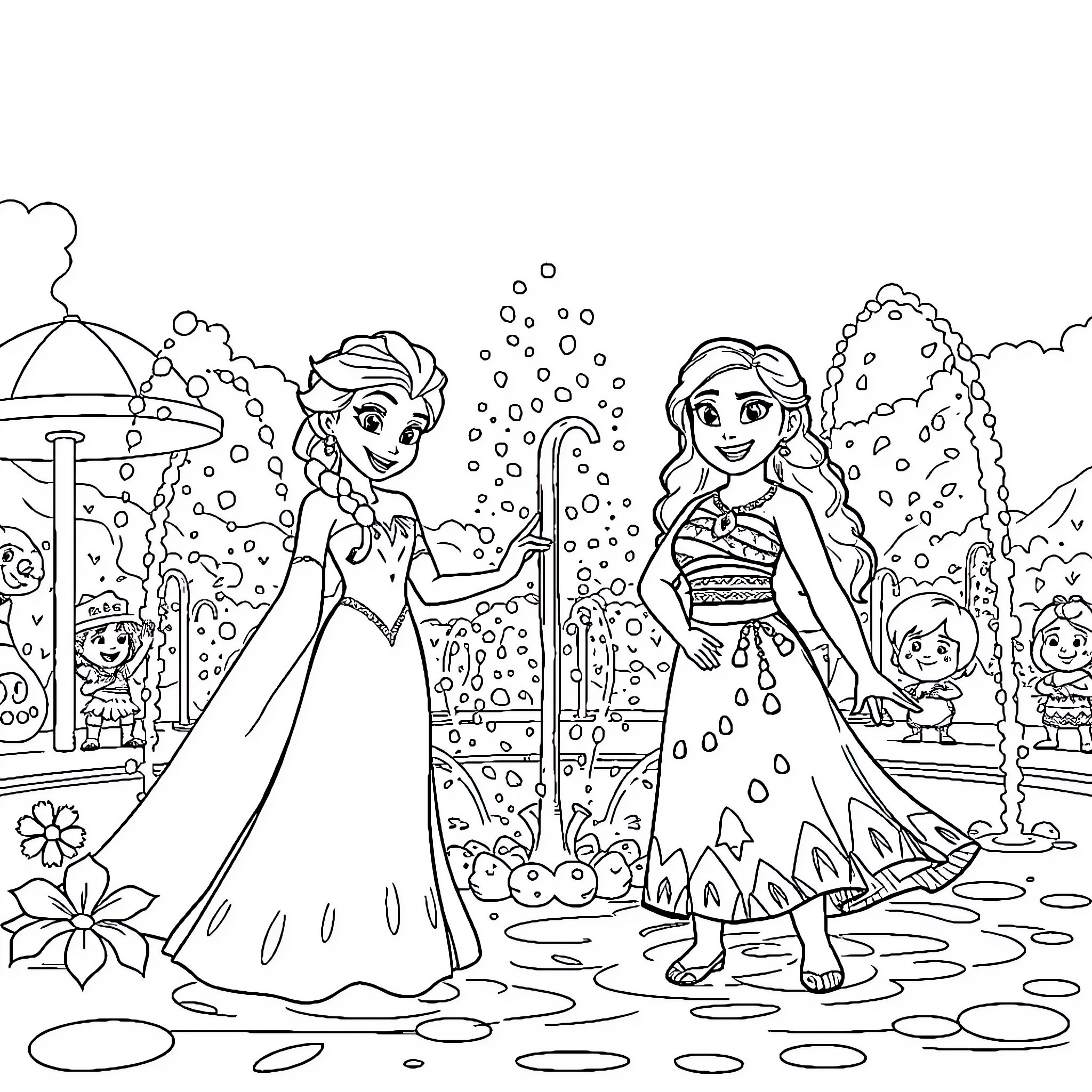 Elsa and Moana's Enchanting Garden Adventure Coloring Page (free black-and-white line drawing printable PDF for all, from beginners to advanced learners, including children, teens, adults, and seniors)